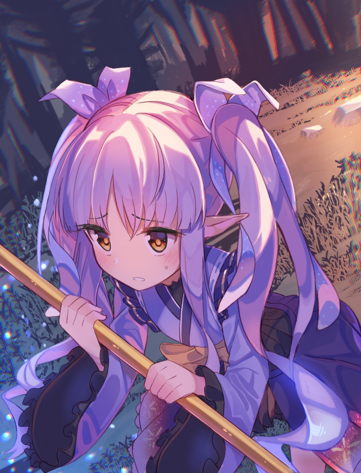 Anime girl with purple hair holding a staff HD Phone Wallpaper