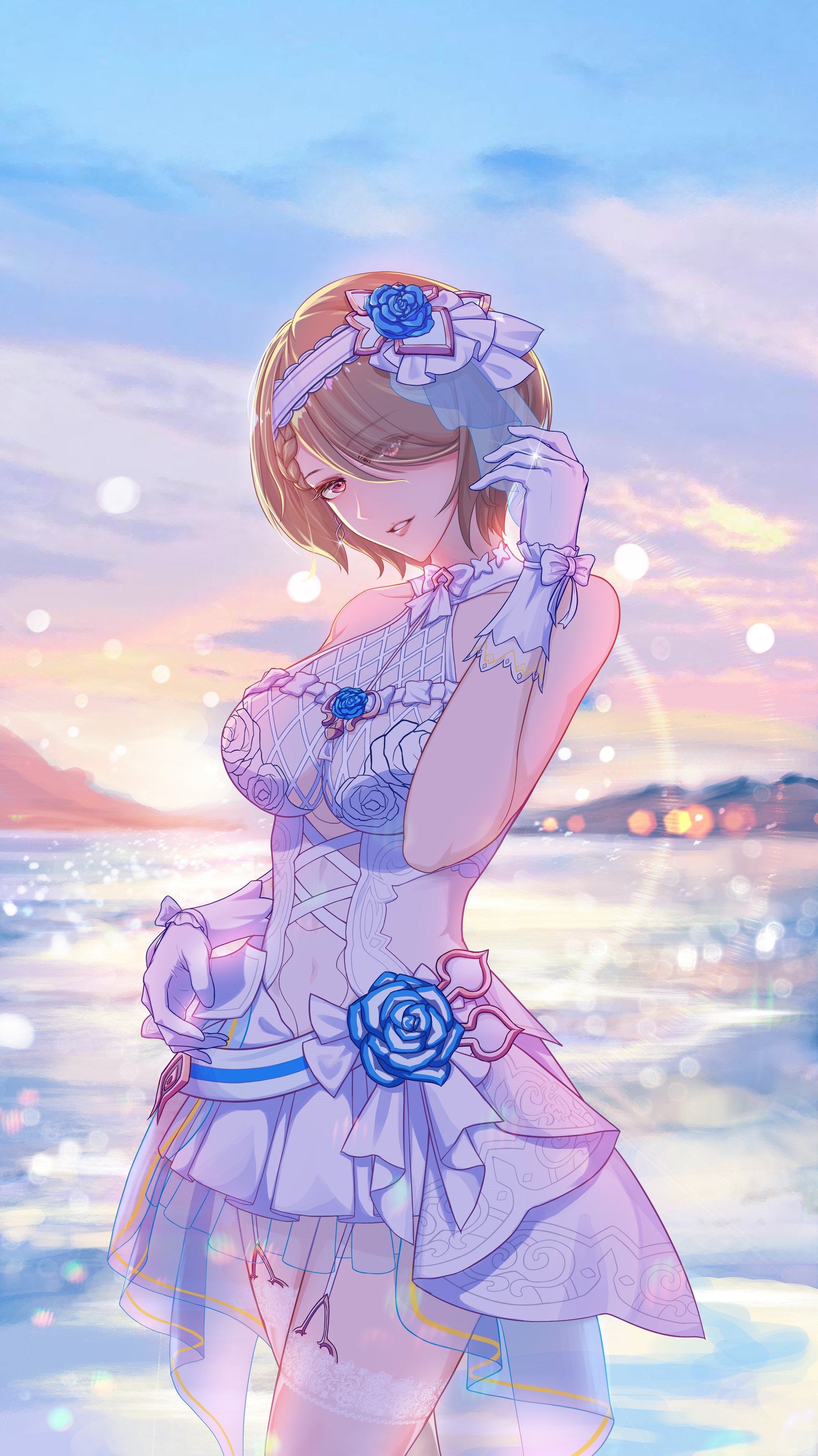 Anime girl in white dress by the sea HD Phone Wallpaper
