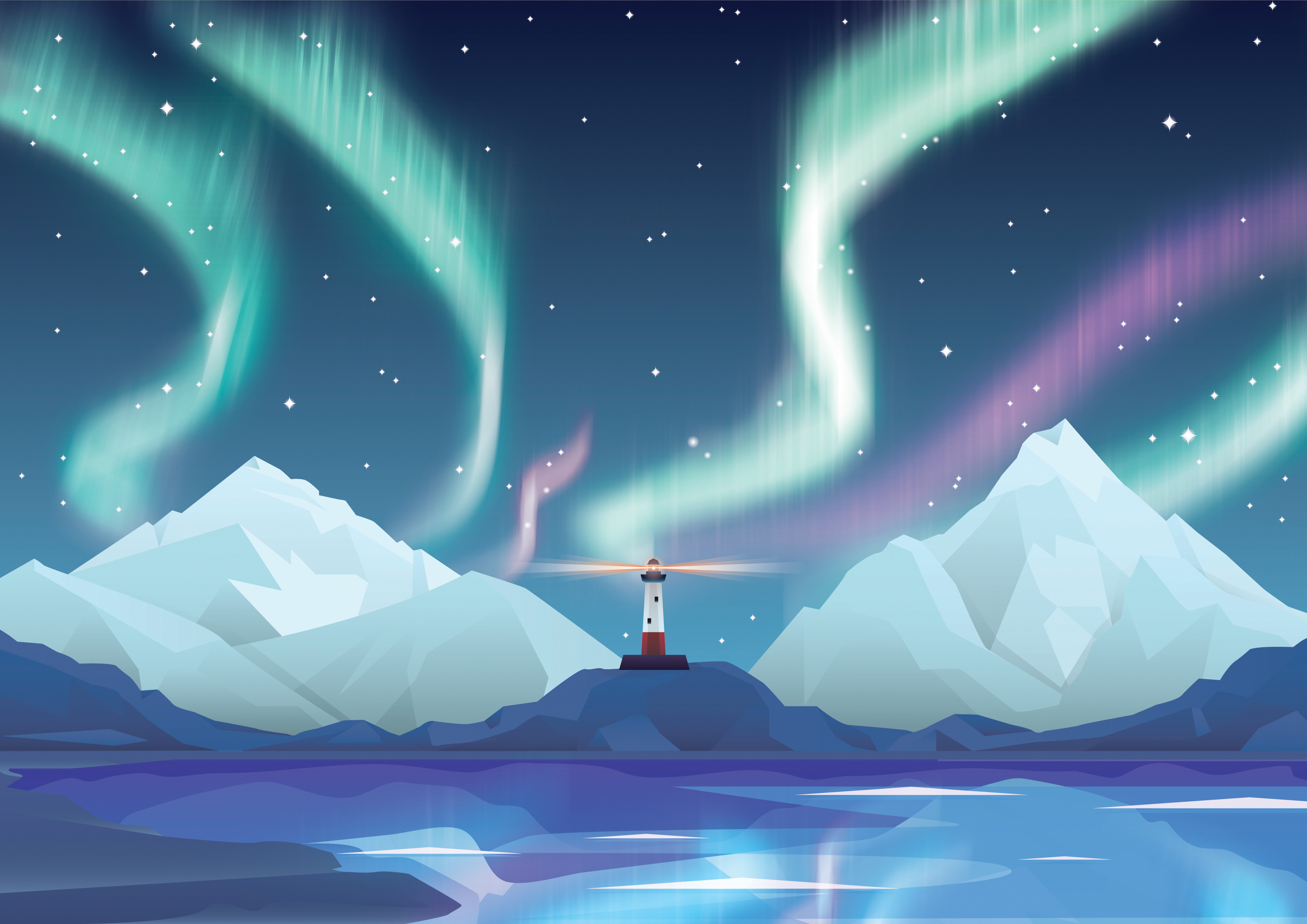 Aurora Borealis over Mountains and Lighthouse HD Wallpaper