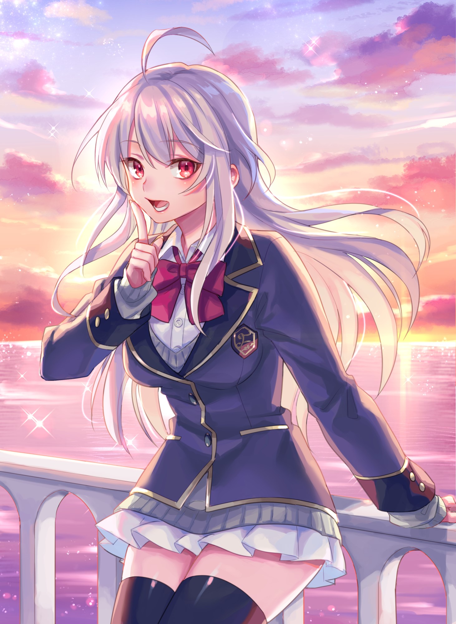 Anime girl in school uniform by the sea at sunset HD Phone Wallpaper
