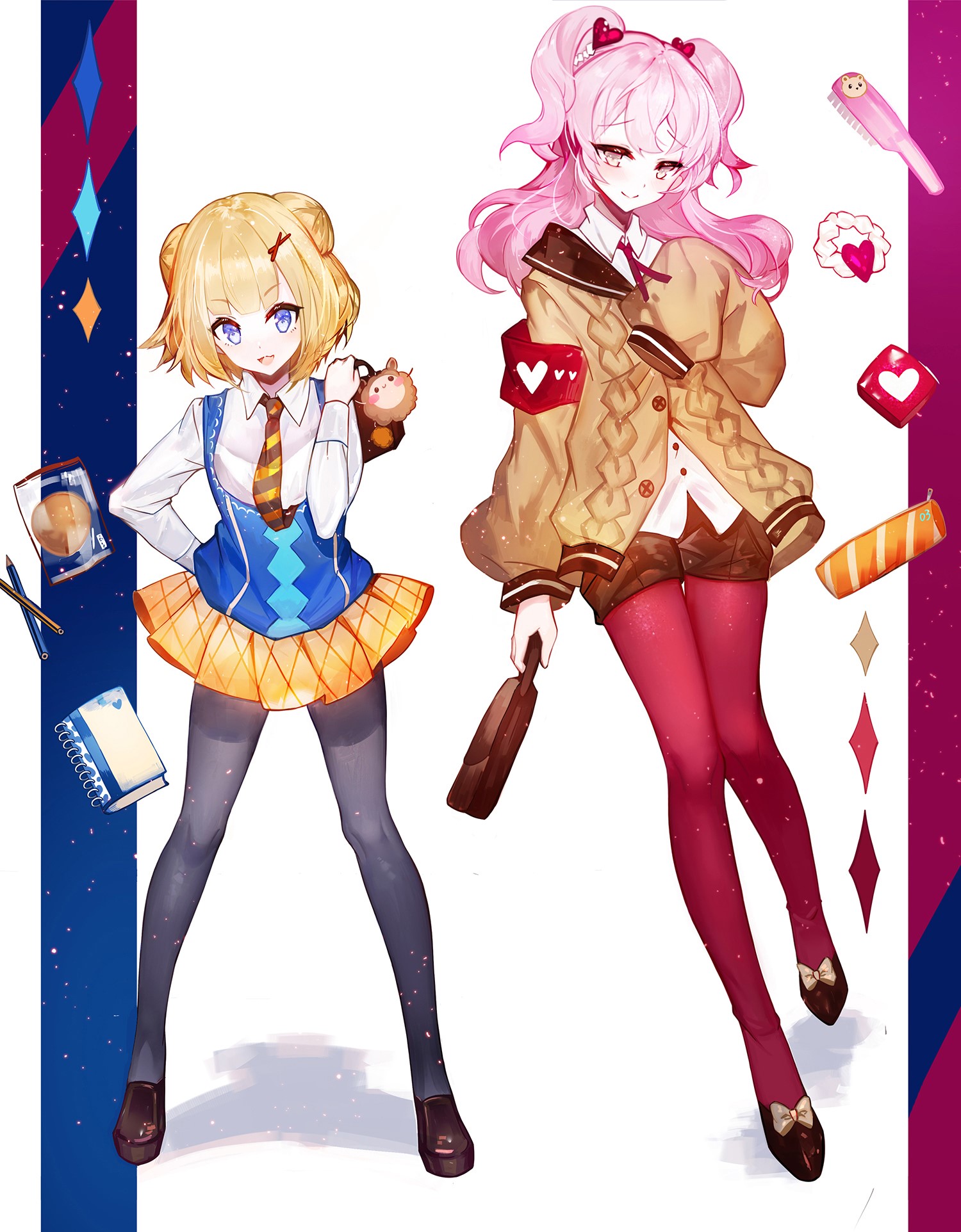 Two anime girls in school uniforms with accessories HD Phone Wallpaper