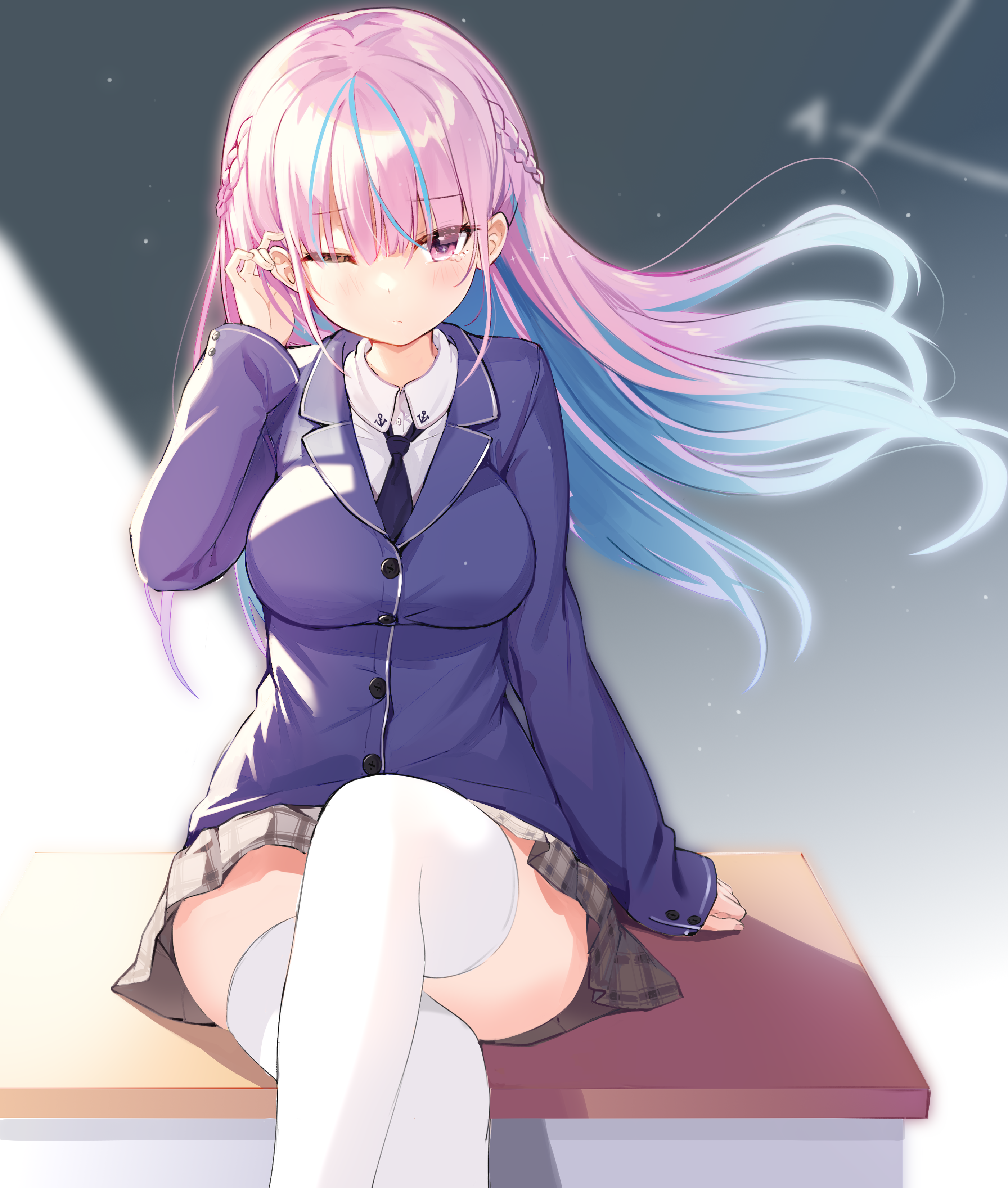 Minato Aqua from Hololive sitting on a desk HD Phone Wallpaper