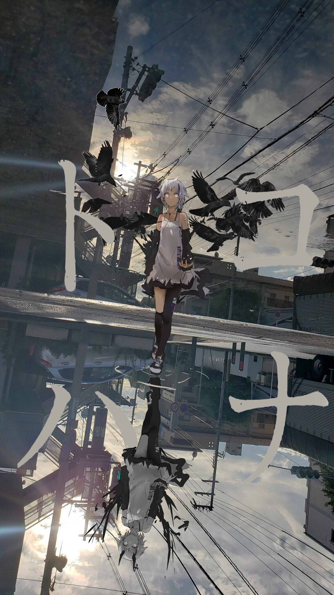 Anime girl with crows reflected in water HD Phone Wallpaper
