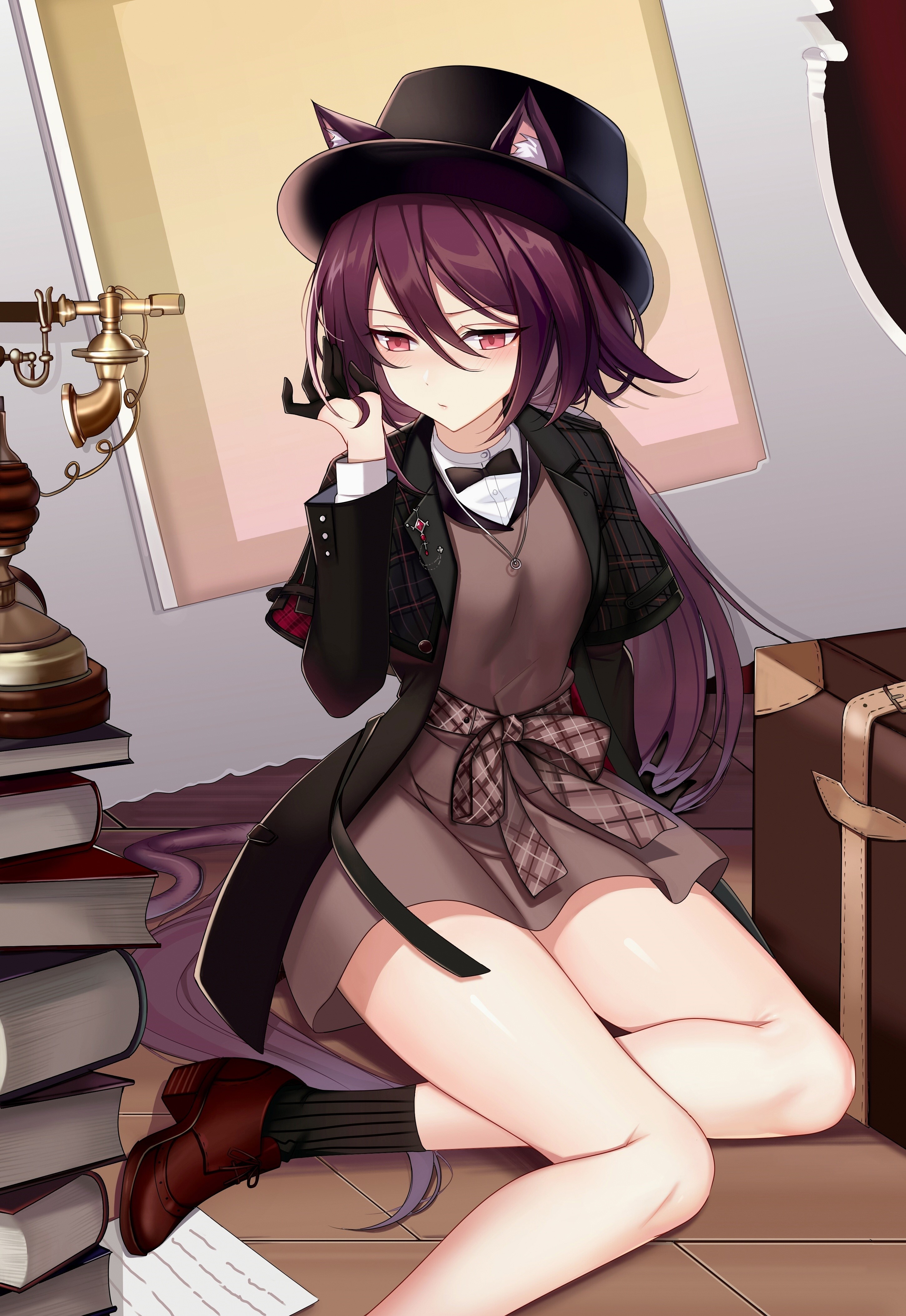 Anime girl with cat ears and hat HD Phone Wallpaper