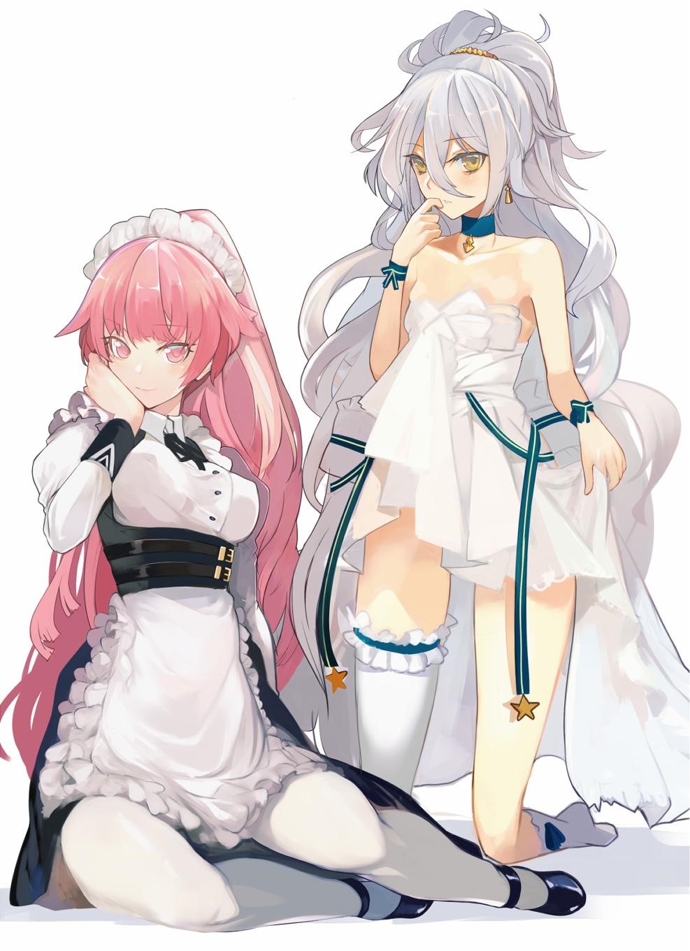 Two anime girls, one in a maid outfit, the other in a white dress HD Phone Wallpaper