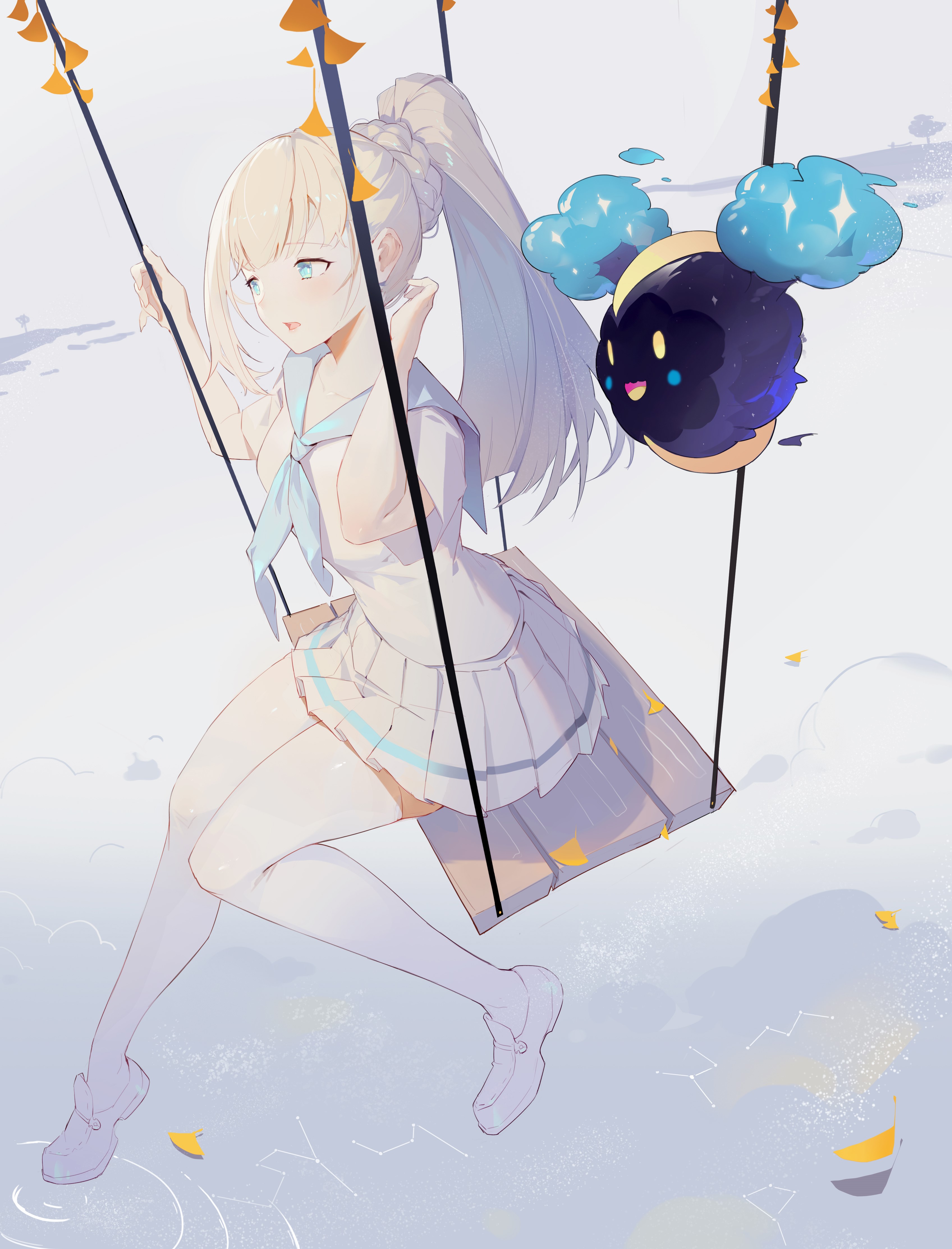 Anime girl on a swing with a creature HD Phone Wallpaper