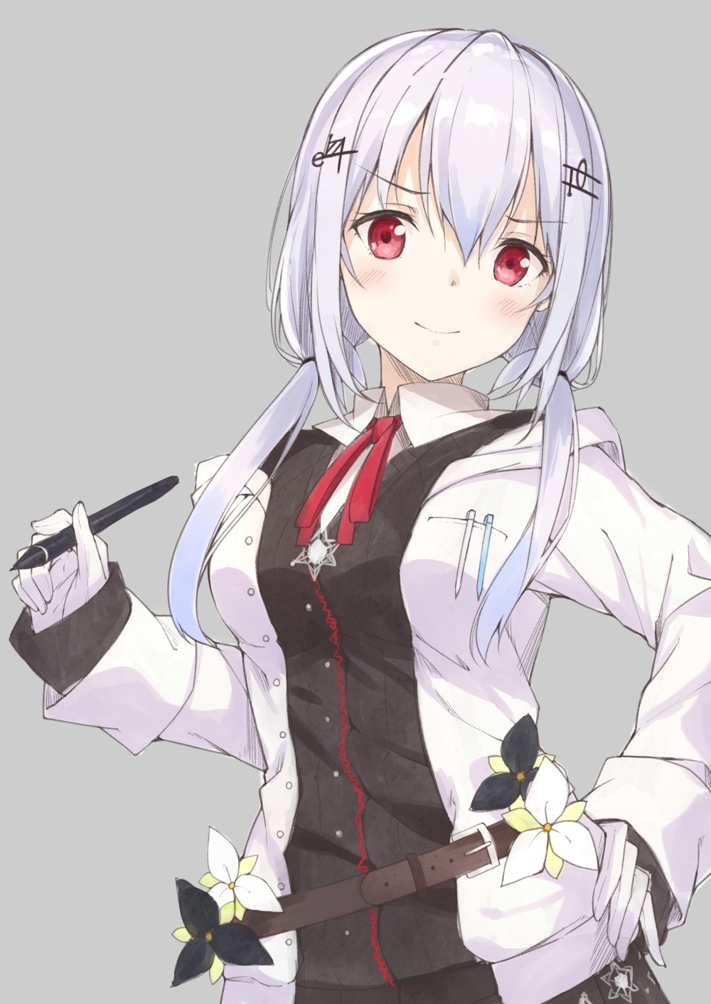 Anime girl with white hair and red eyes holding a pen HD Phone Wallpaper