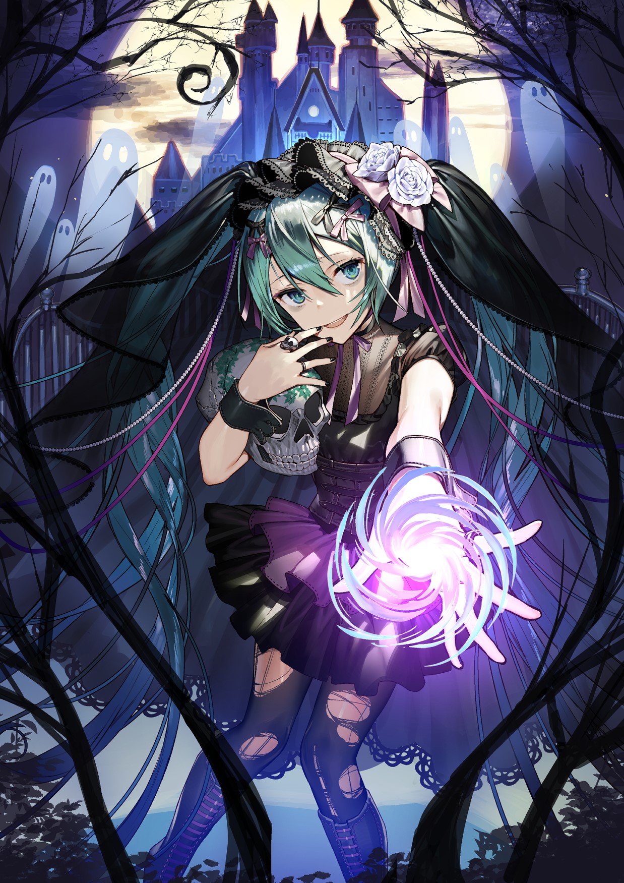 Anime girl with skull and magic in front of castle HD Phone Wallpaper