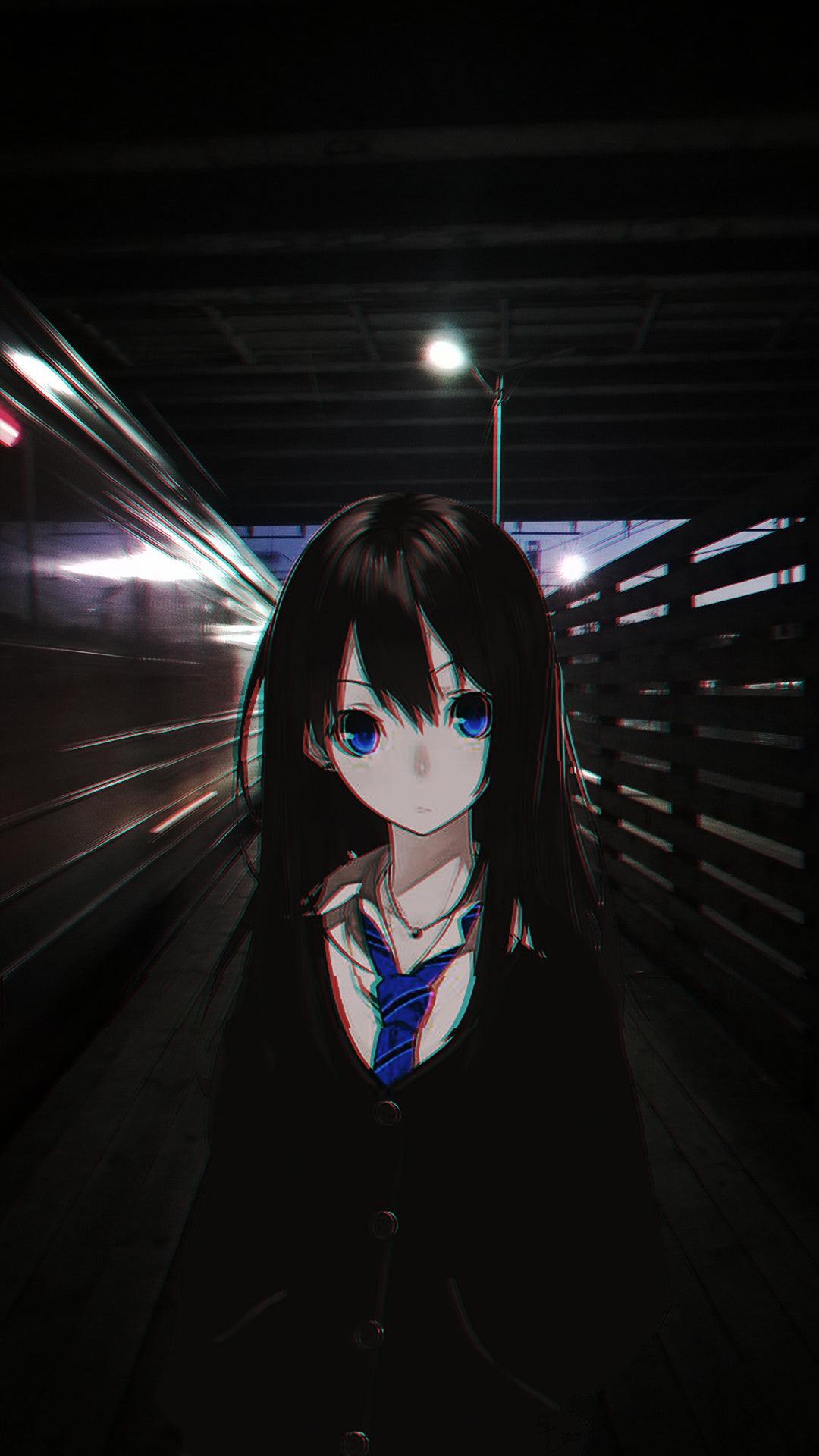 Anime girl in dark railway station at night HD Phone Wallpaper