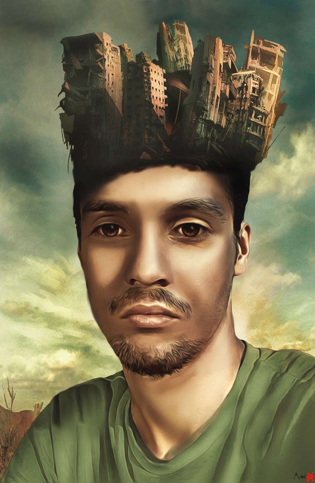 Man with ruined city on his head HD Phone Wallpaper