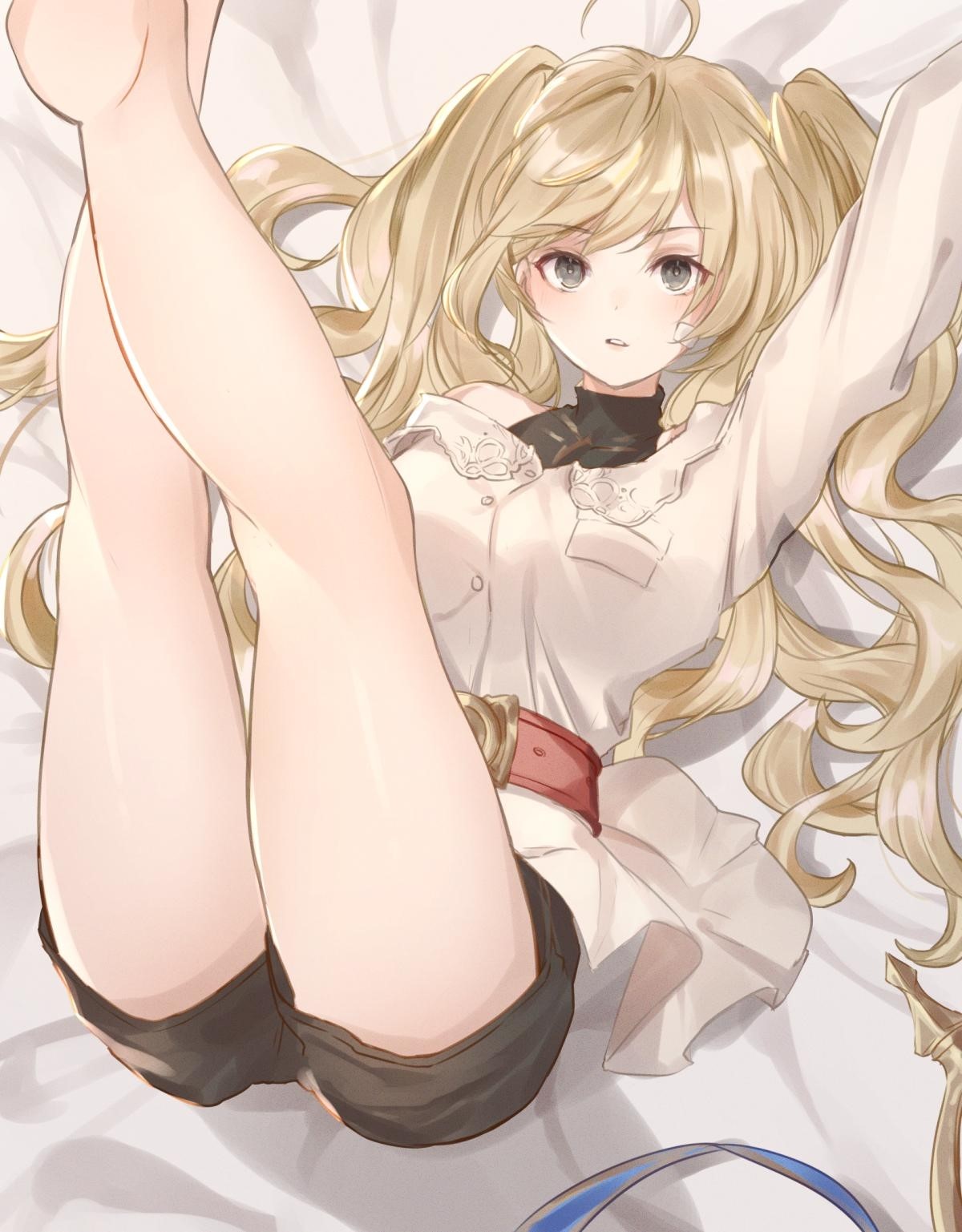 Anime girl with blonde pigtails lying down HD Phone Wallpaper