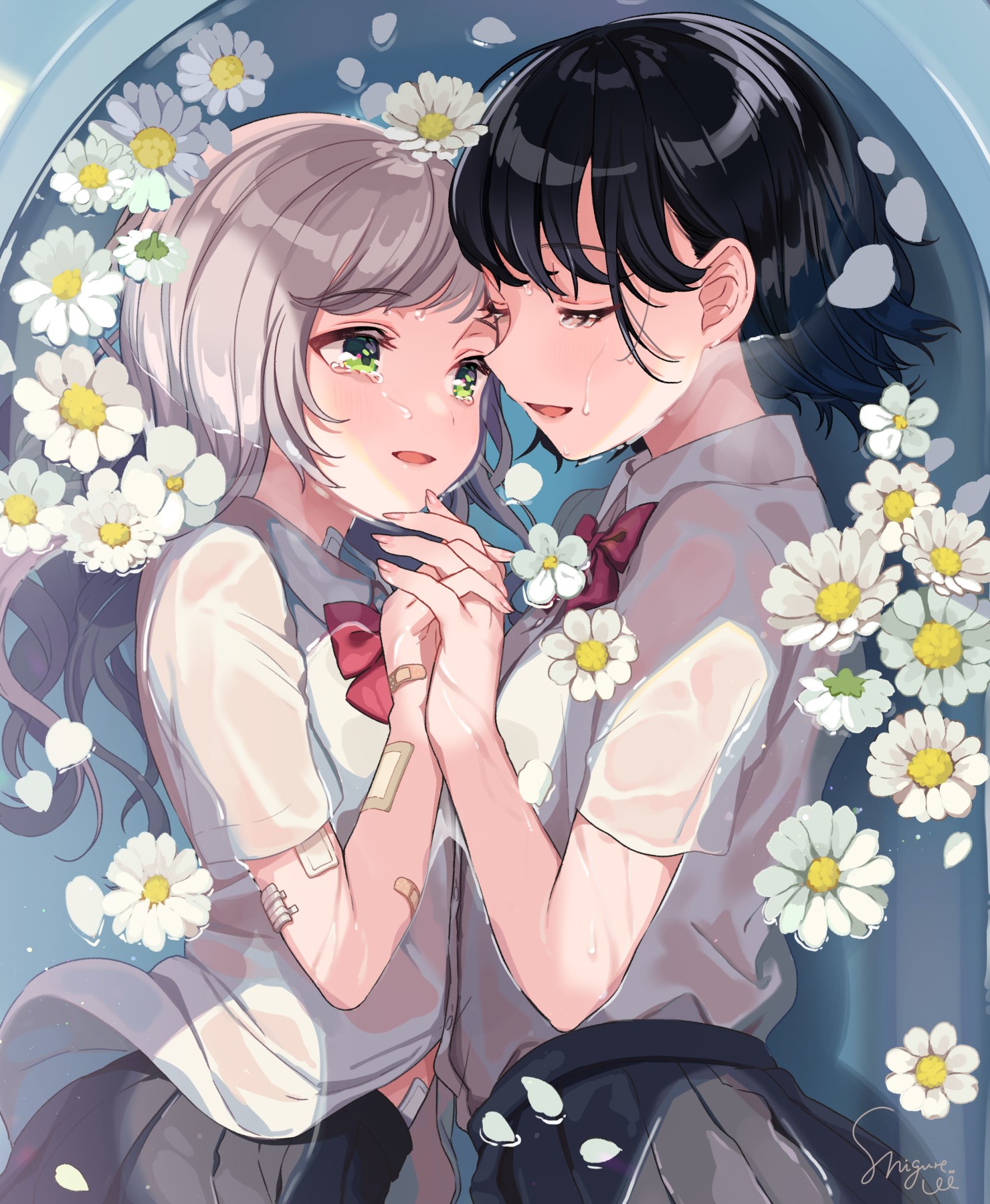 Two anime girls holding hands surrounded by daisies HD Phone Wallpaper