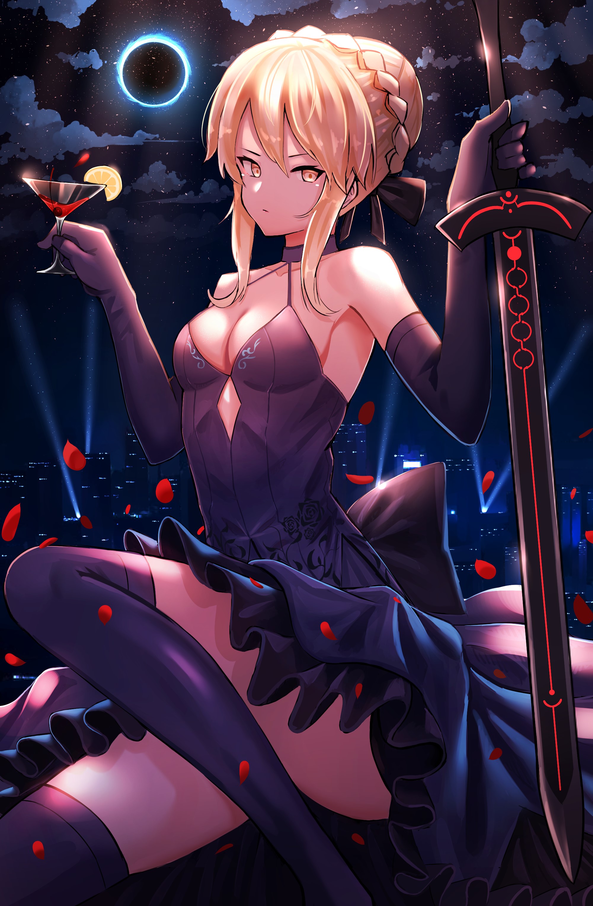 Saber in a dark dress holding a sword and cocktail HD Phone Wallpaper