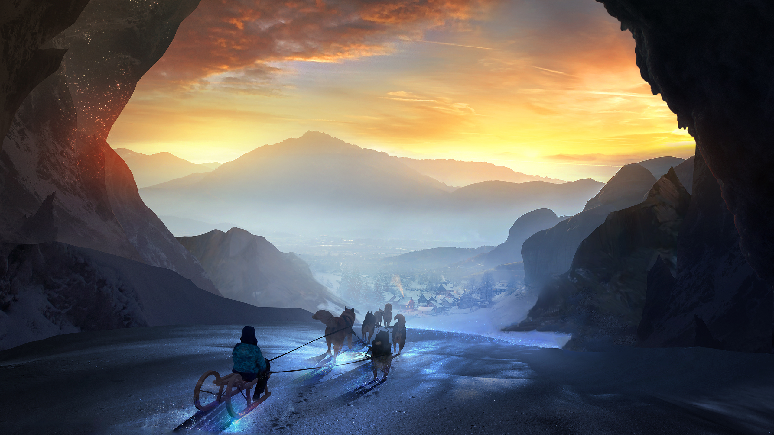 Person riding a sled pulled by dogs in a snowy mountain valley at sunset HD Wallpaper