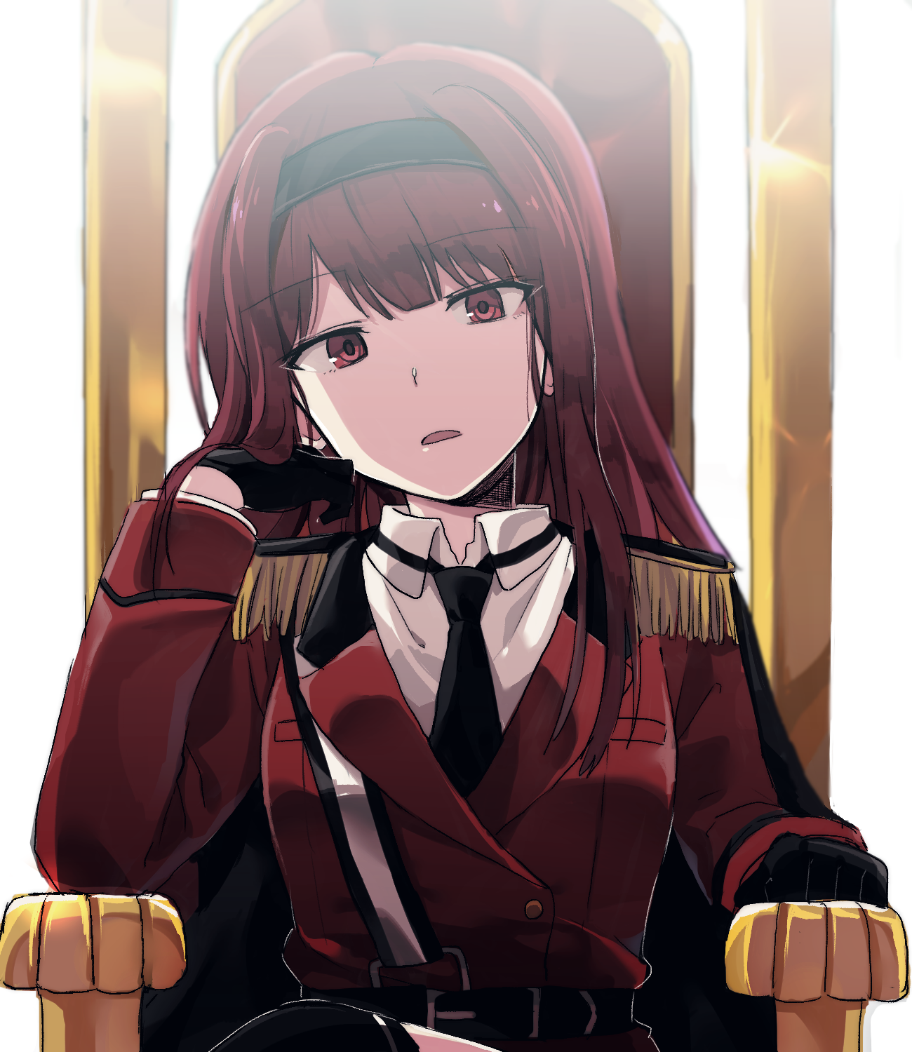 Anime girl with red hair in a military uniform sitting on a throne HD Phone Wallpaper