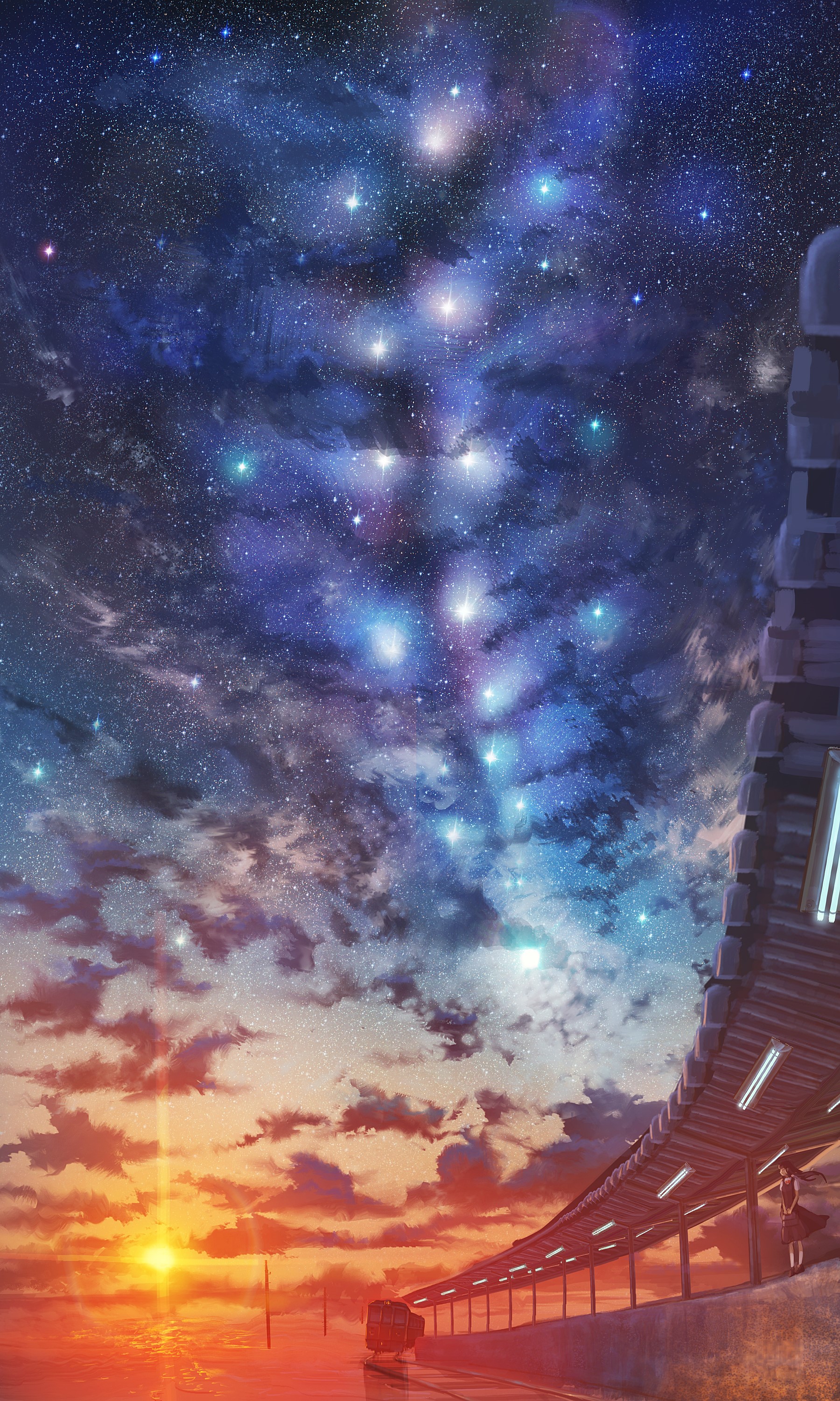 Anime artwork of a starry sky over a sunset landscape HD Phone Wallpaper