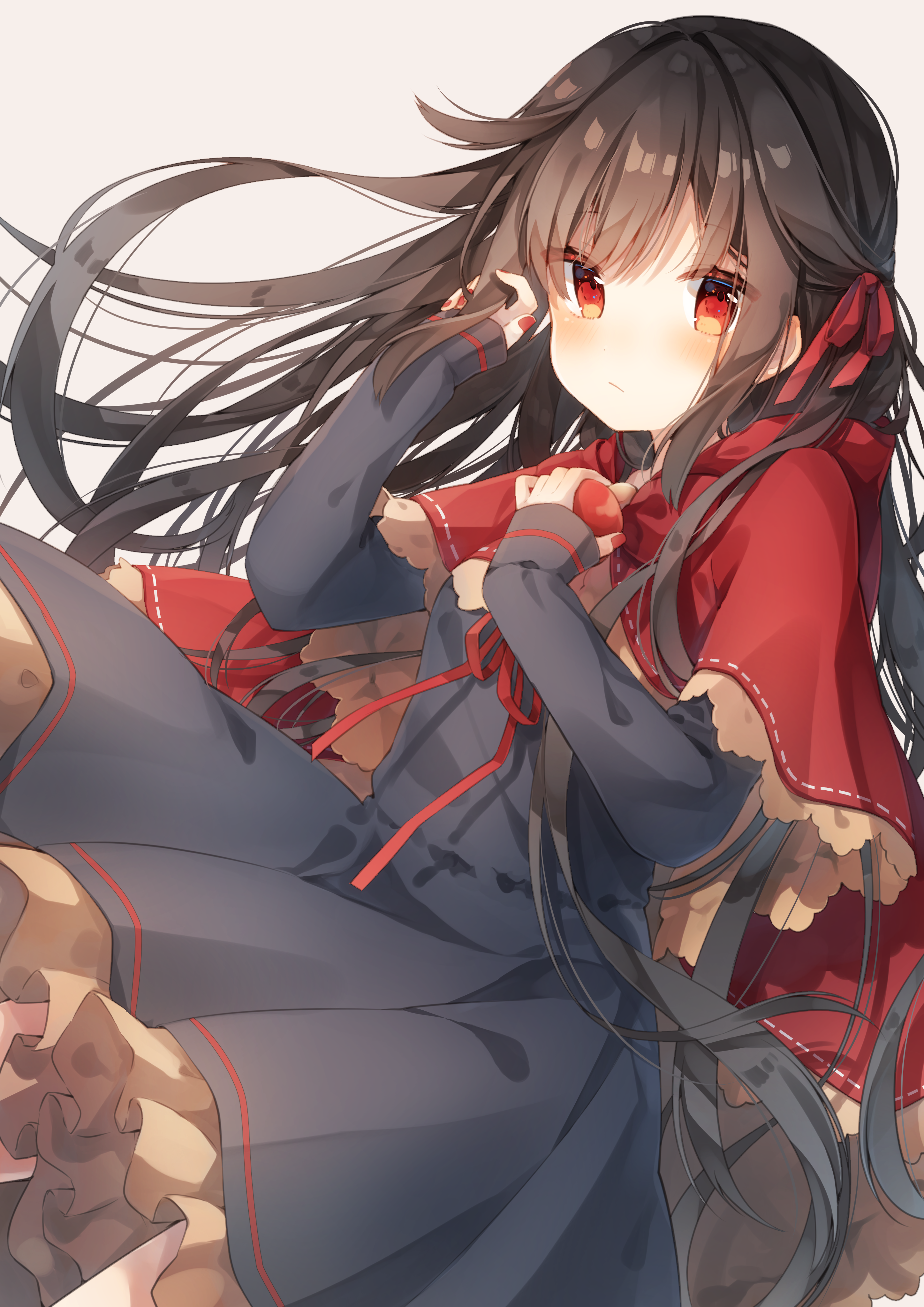 Anime girl with long dark hair and red hood HD Phone Wallpaper