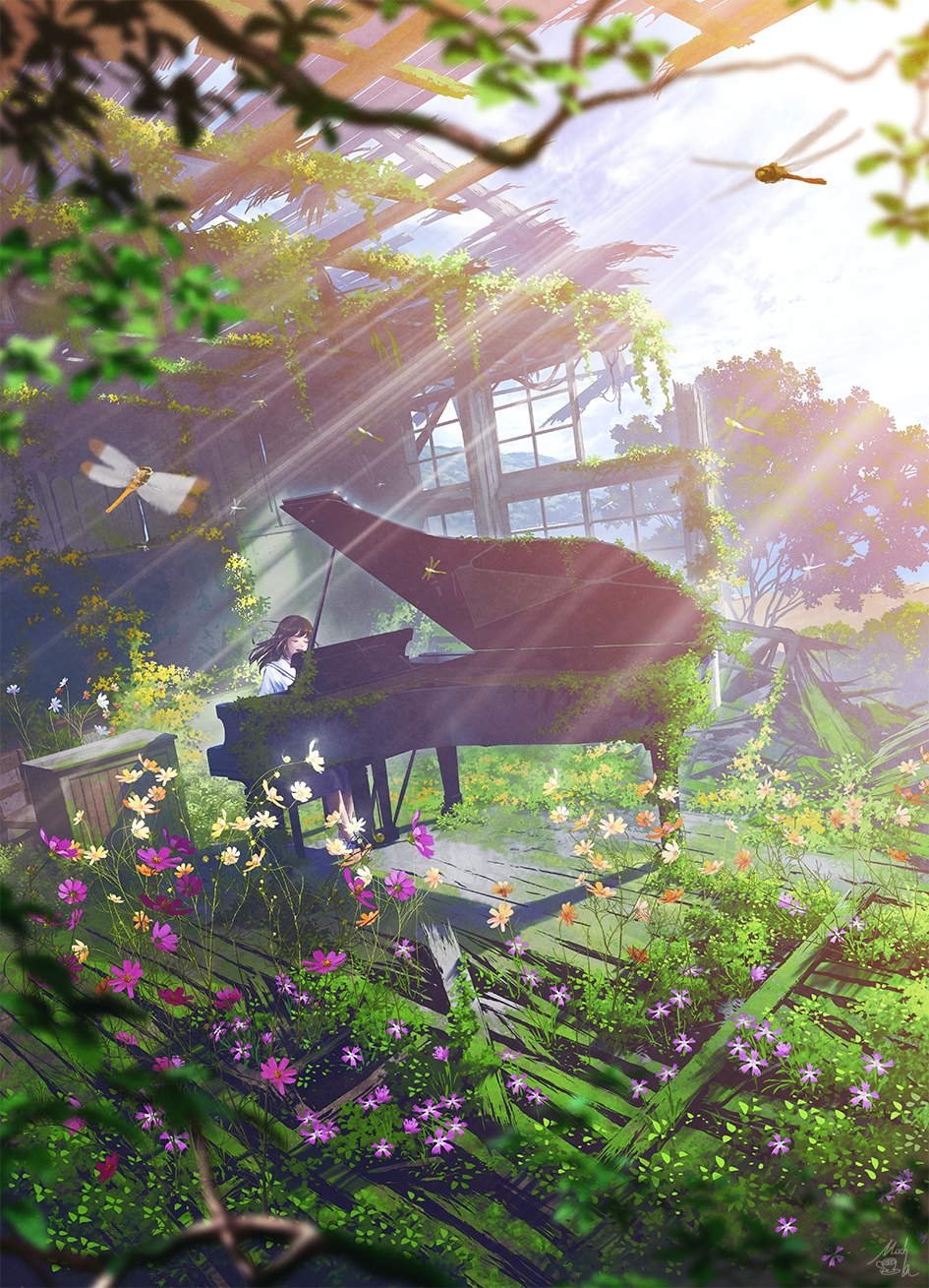 Anime girl playing piano in overgrown greenhouse HD Phone Wallpaper