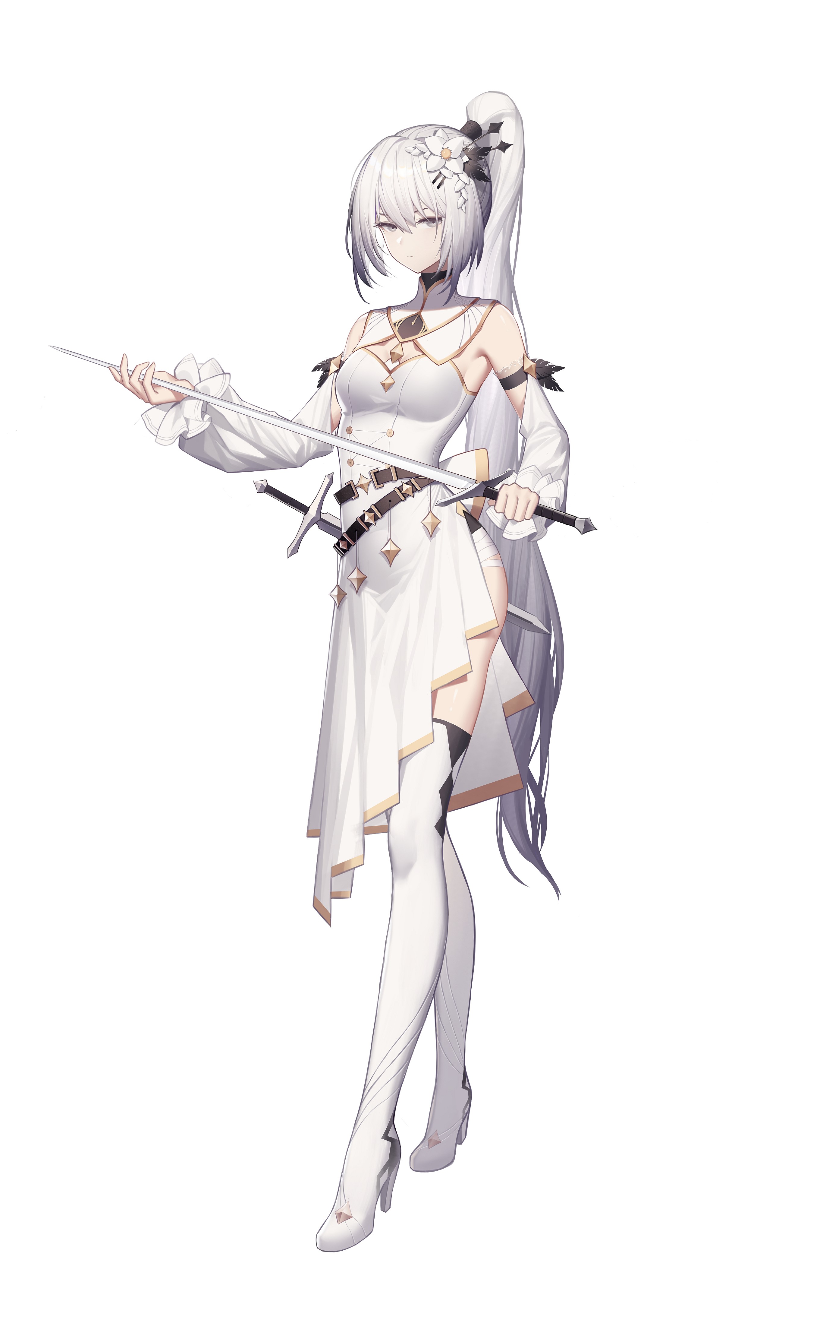 Anime girl with white hair holding swords HD Phone Wallpaper
