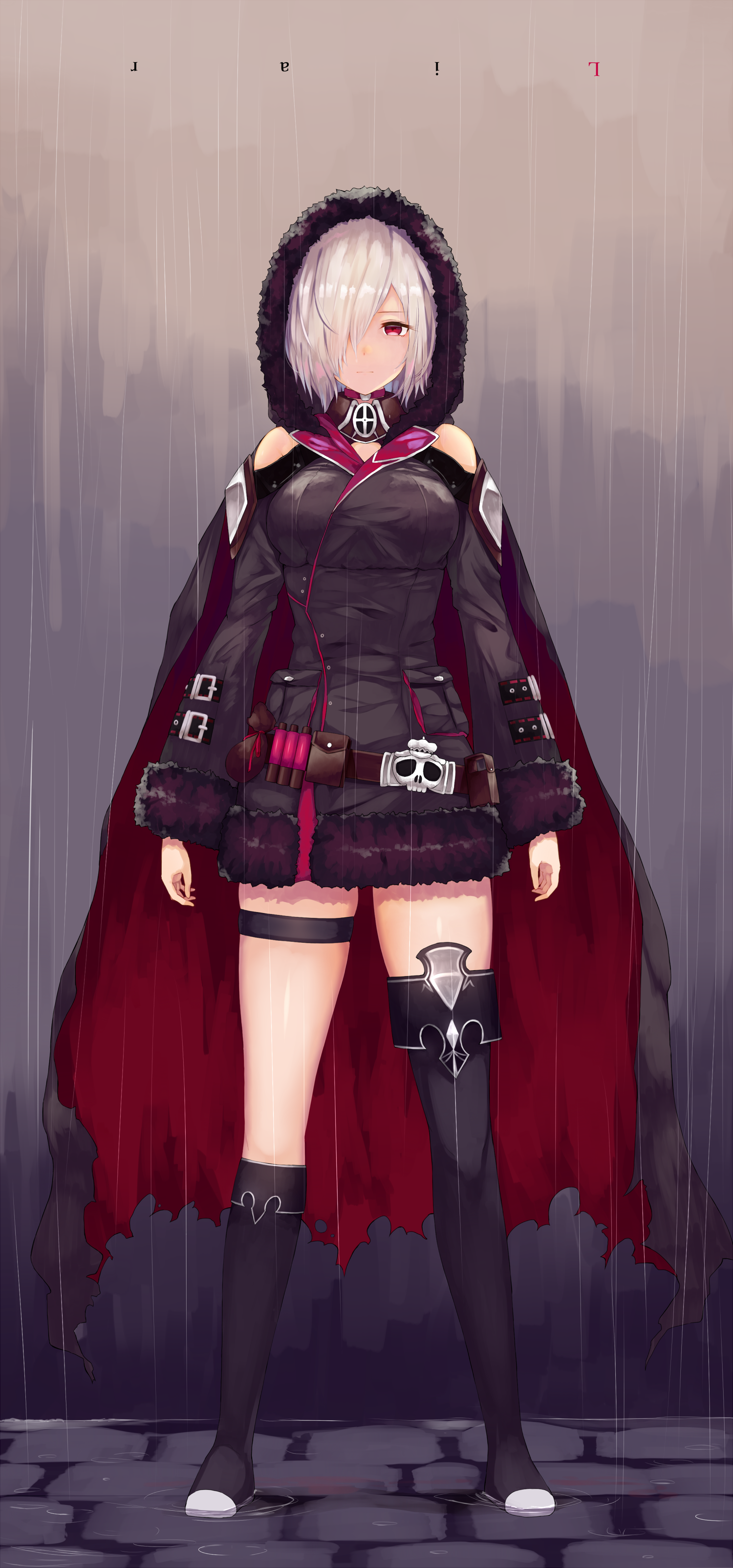 Anime girl with white hair and red eyes in a dark outfit HD Phone Wallpaper