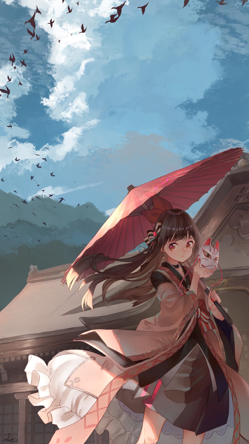 Anime girl with umbrella and mask HD Phone Wallpaper