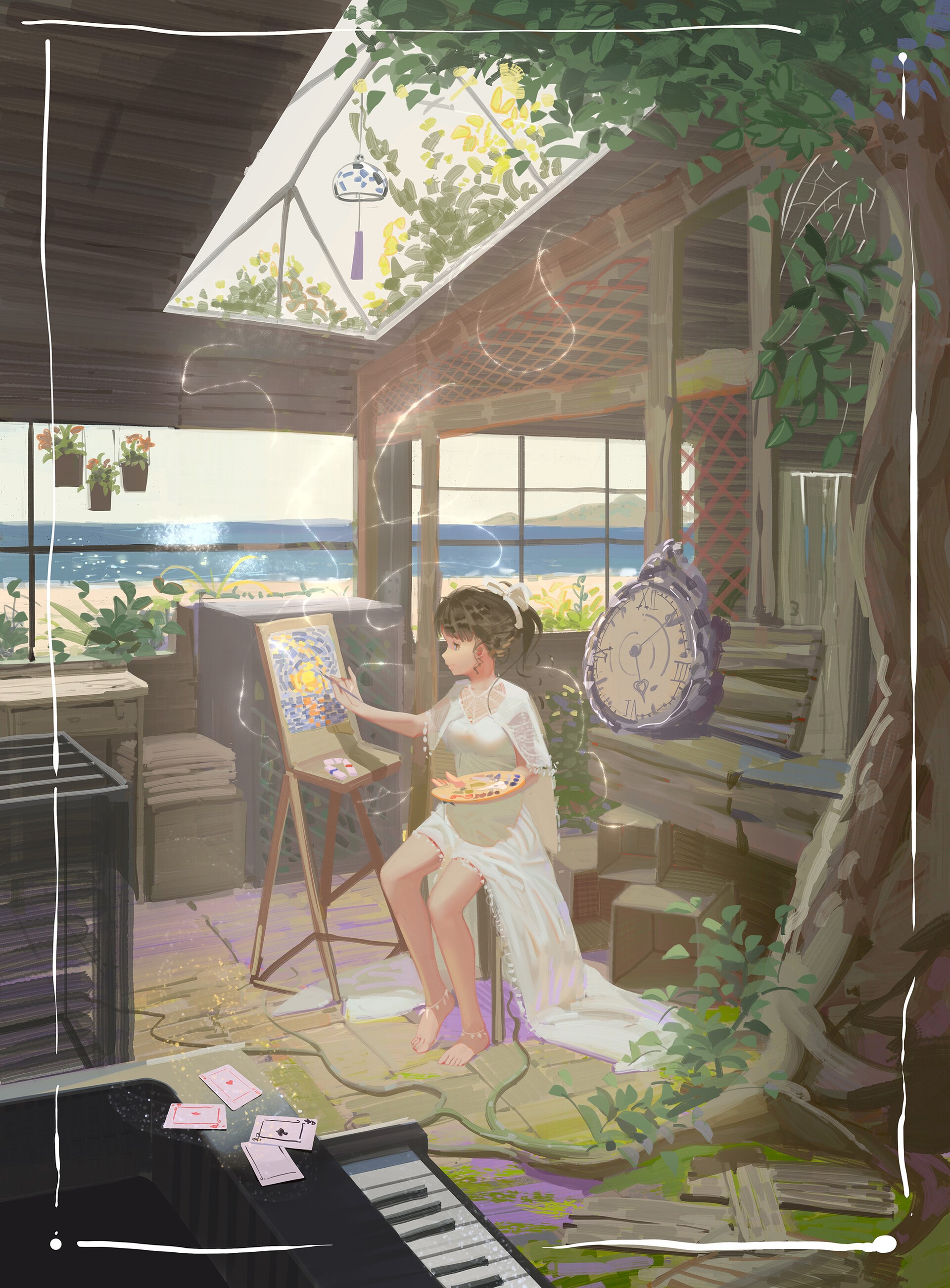 Anime girl painting by the sea with a piano HD Phone Wallpaper