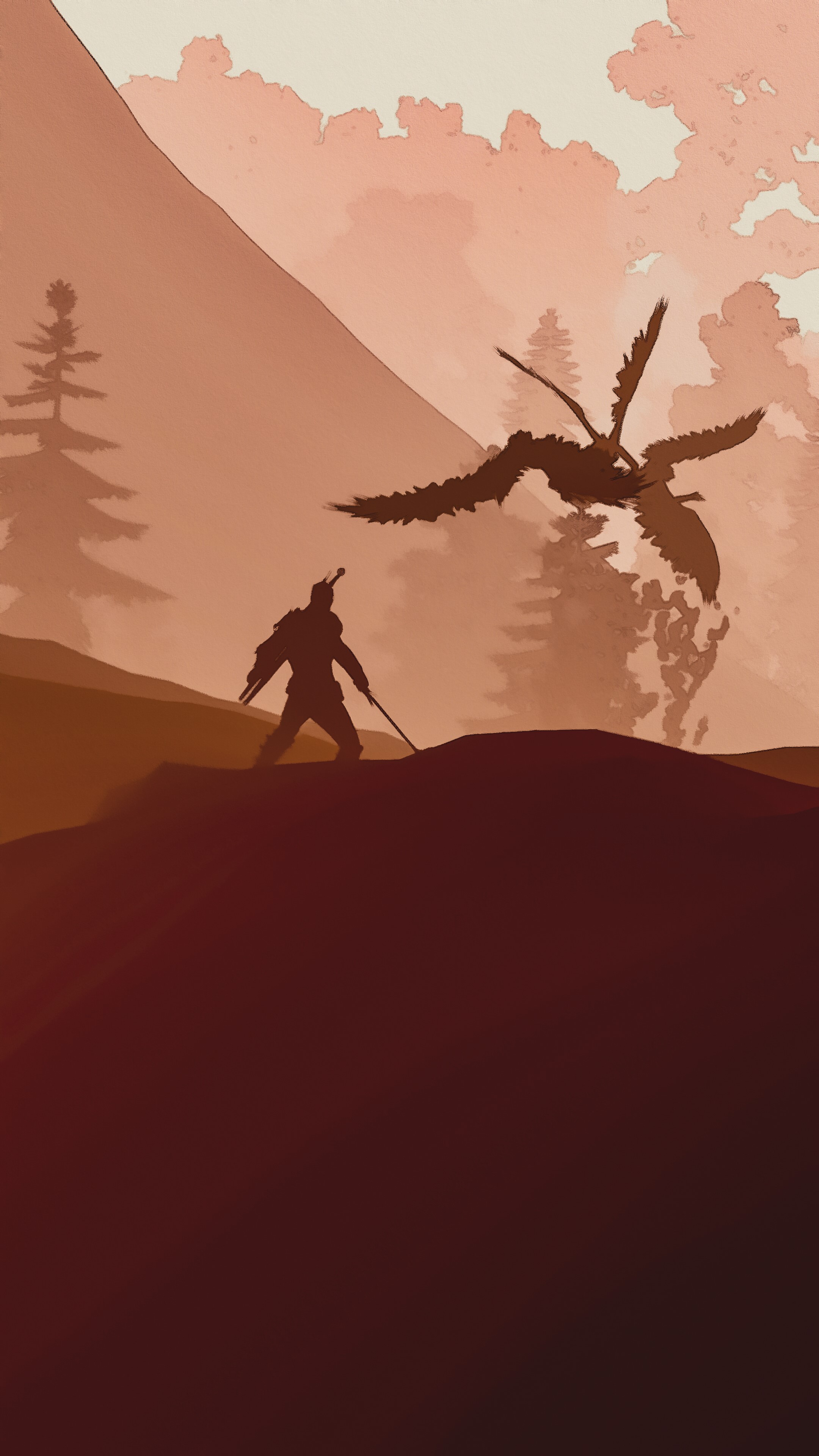 Geralt from The Witcher facing flying creatures HD Phone Wallpaper