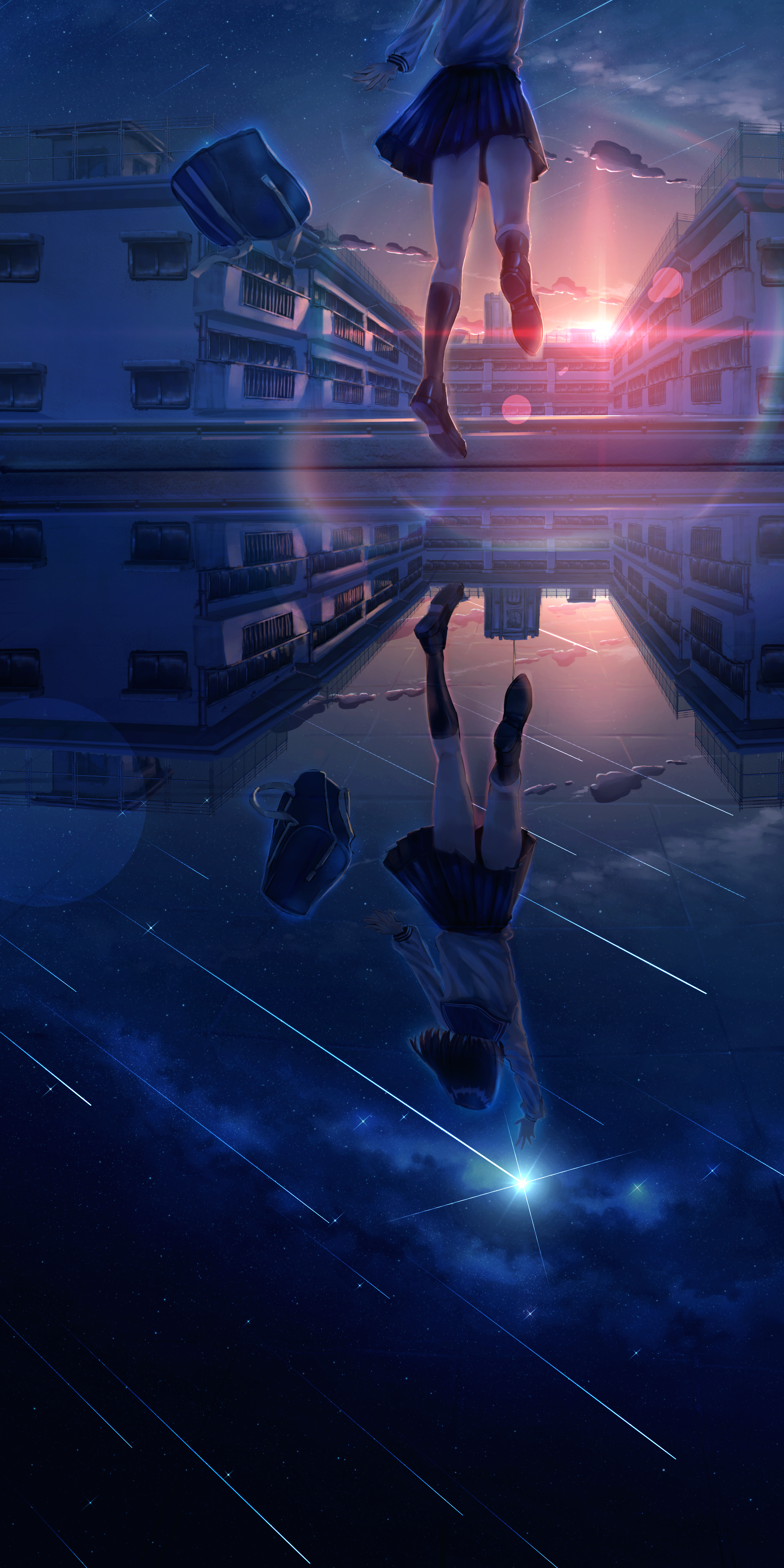 Anime girl jumping over a reflection of herself HD Phone Wallpaper