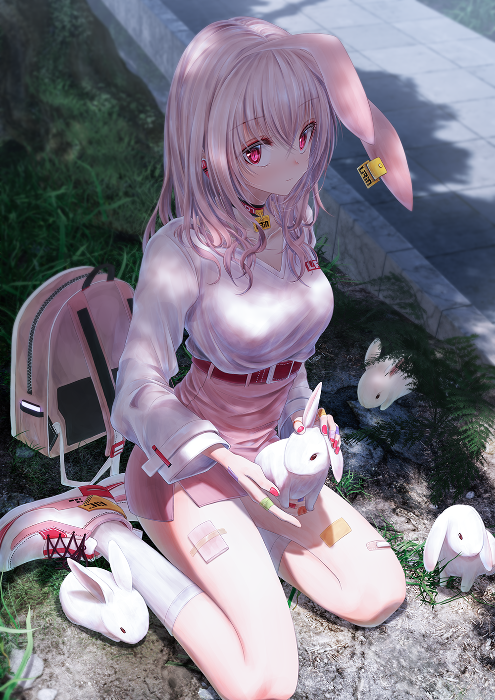 Anime girl with pink hair and bunny ears holding a bunny HD Phone Wallpaper