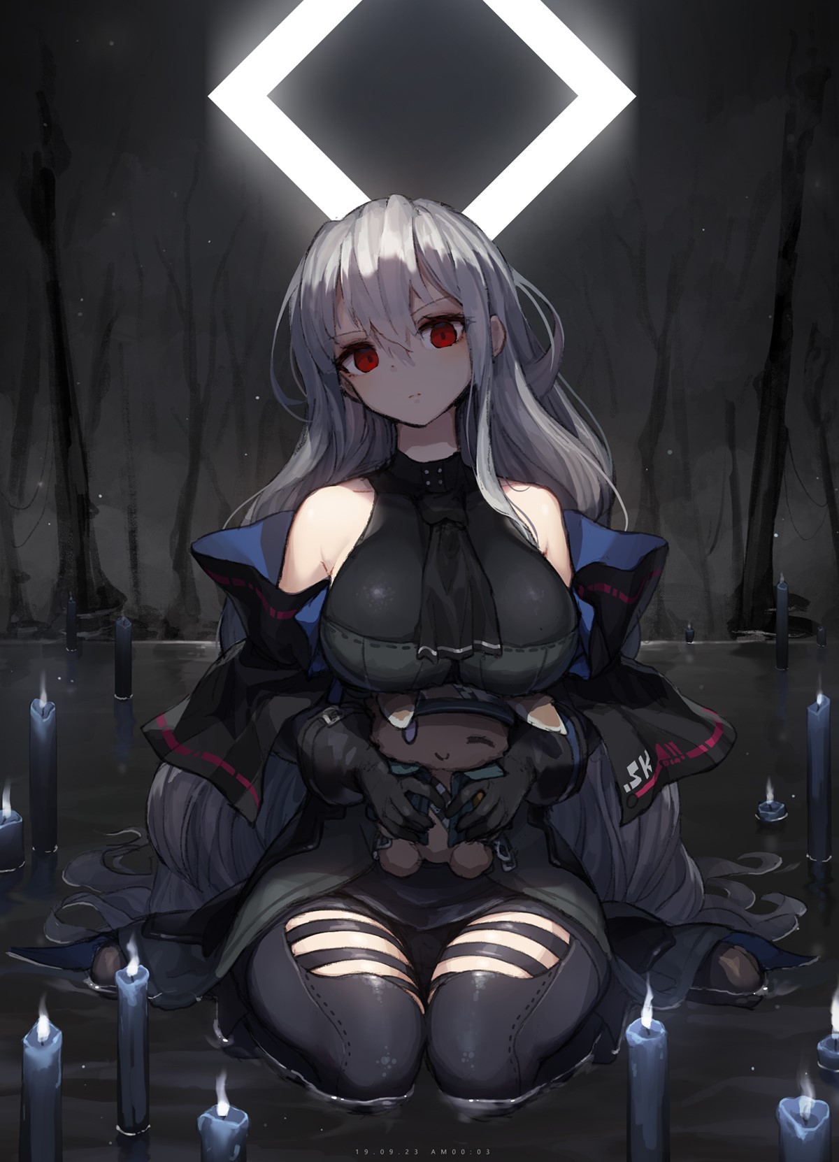 Anime girl with white hair and red eyes holding a plush toy HD Phone Wallpaper