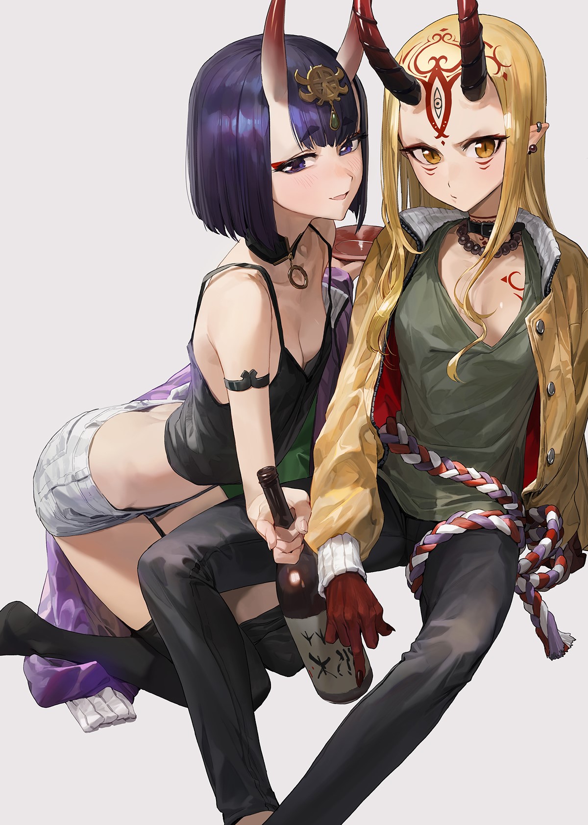 Two anime girls with horns holding a bottle HD Phone Wallpaper