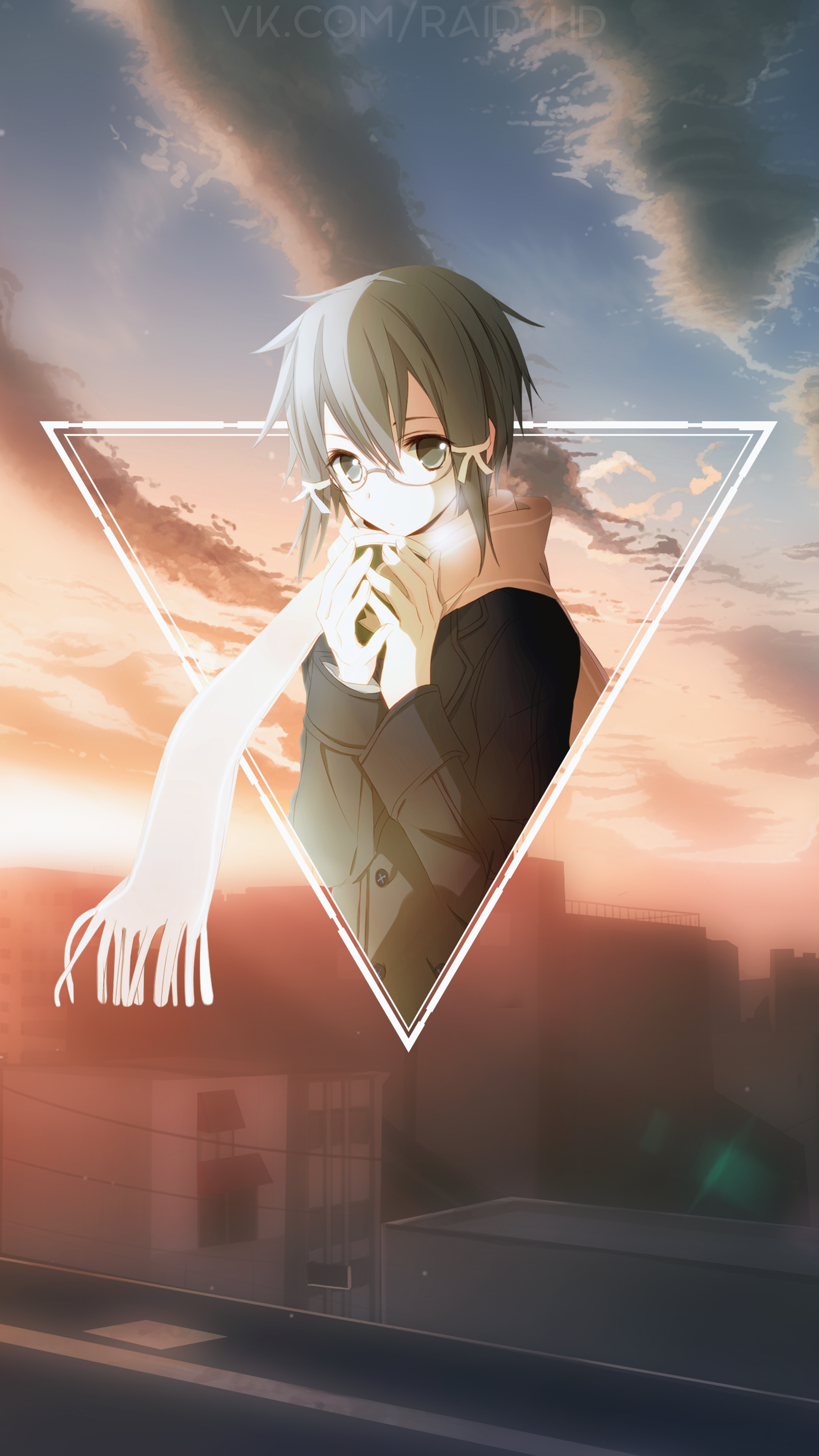 Anime character with glasses and scarf in front of sunset sky HD Phone Wallpaper