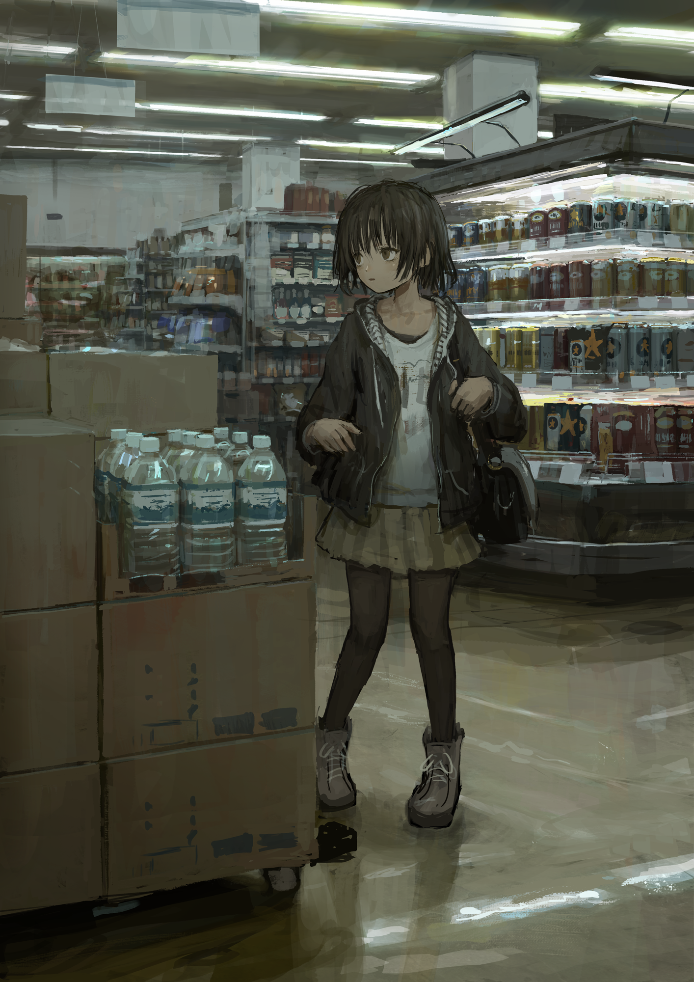 Anime girl in a convenience store aisle HD Phone Wallpaper