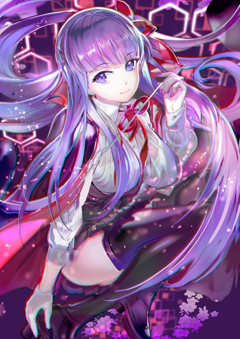 Anime girl with purple hair and red bow HD Phone Wallpaper