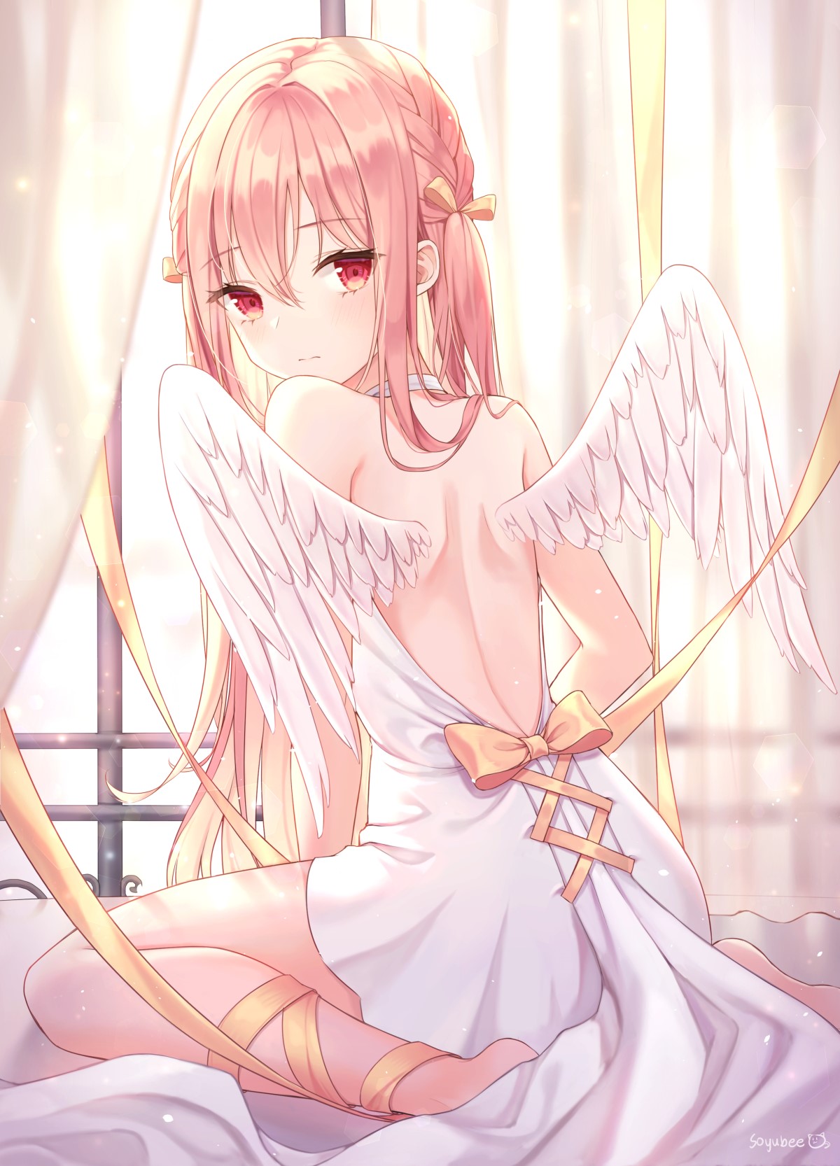 Anime girl with wings and pink hair HD Phone Wallpaper