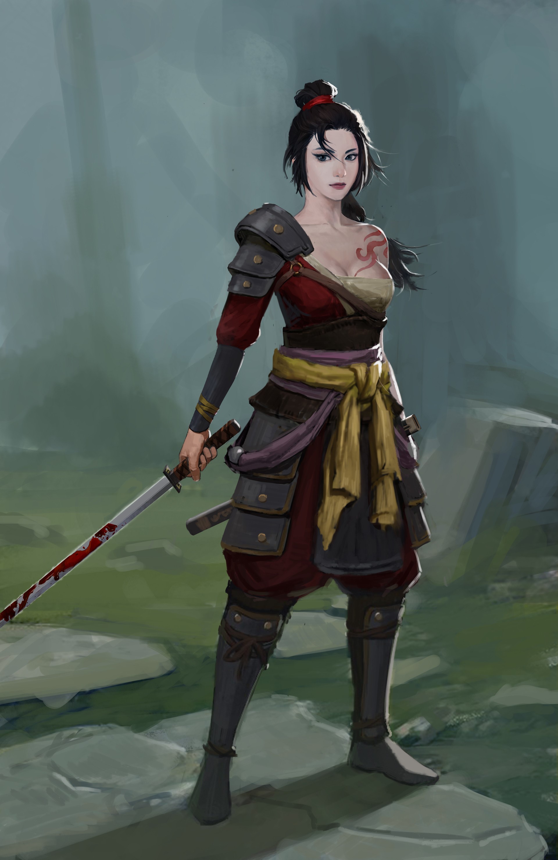 Artwork of a female samurai warrior with a sword HD Phone Wallpaper