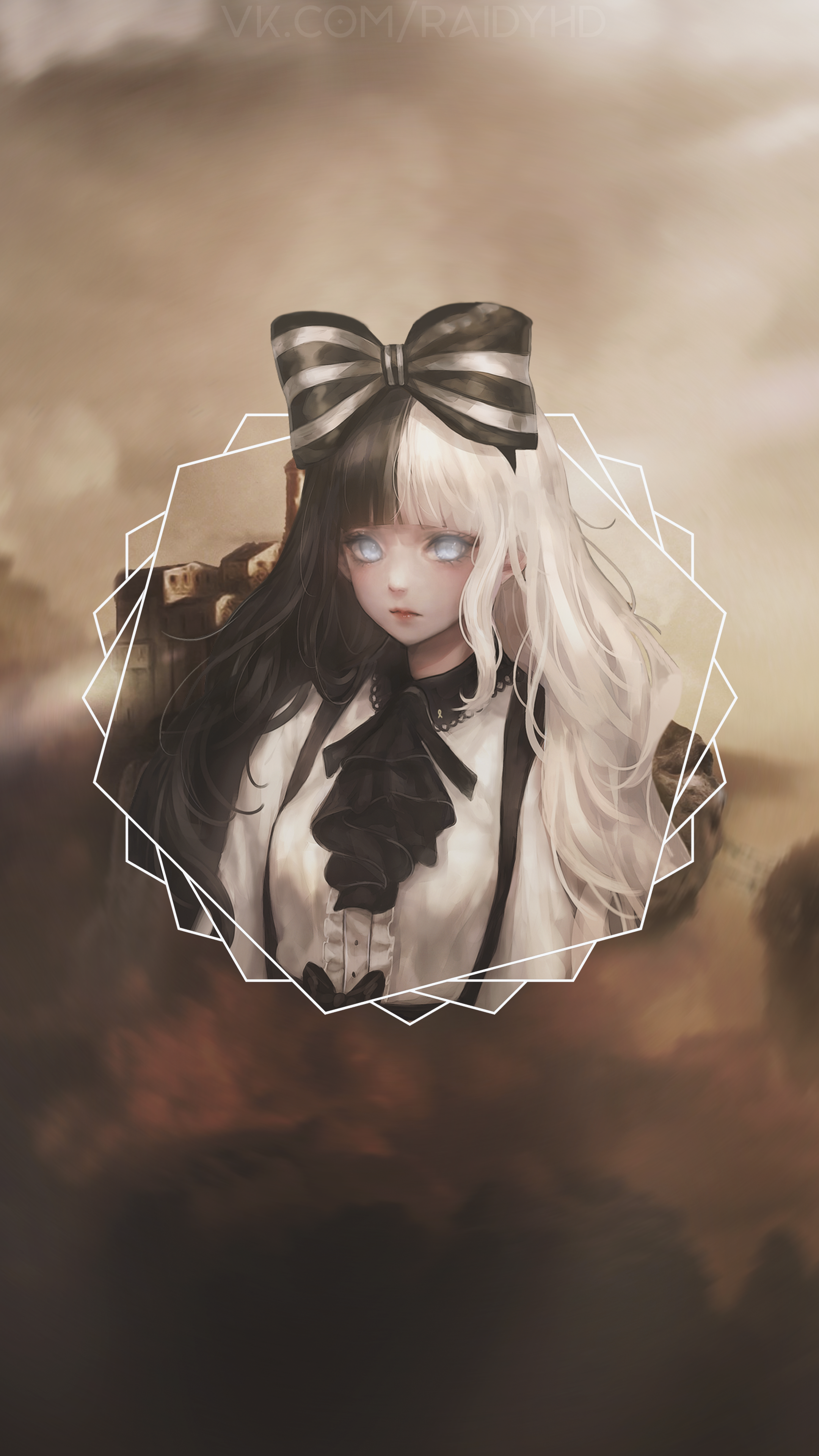 Anime Girl with Two-Toned Hair and Castle HD Phone Wallpaper