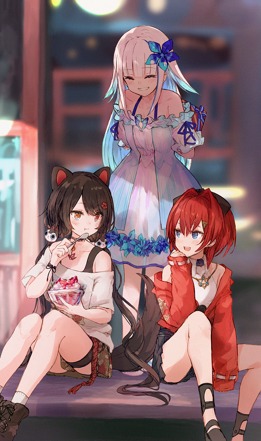 Three anime girls sitting together HD Phone Wallpaper