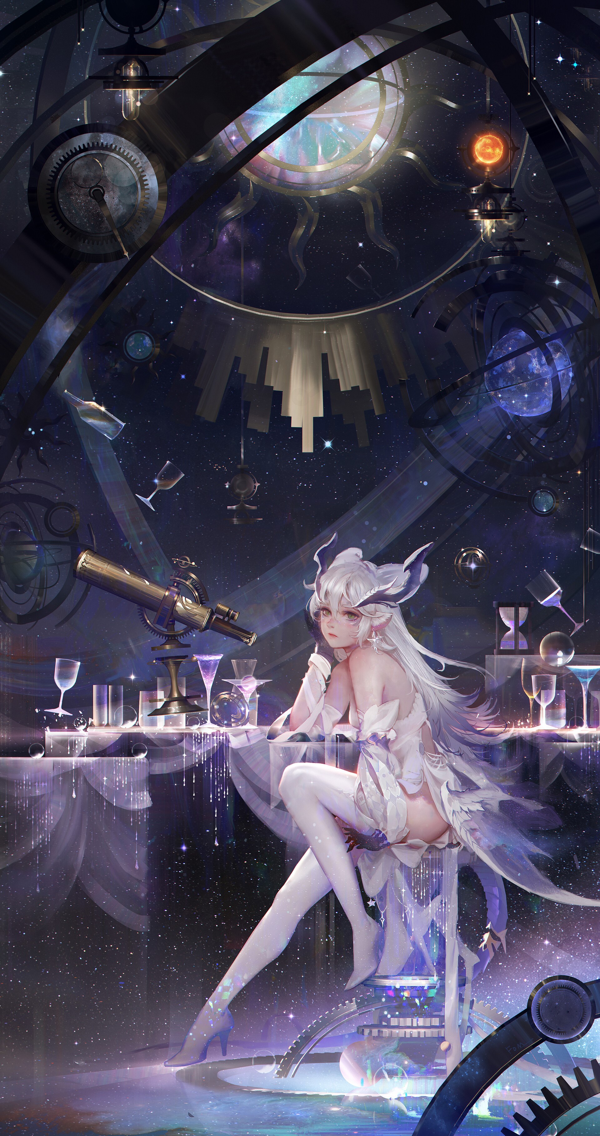 Elegant Anime Girl in Celestial Setting HD Phone Wallpaper