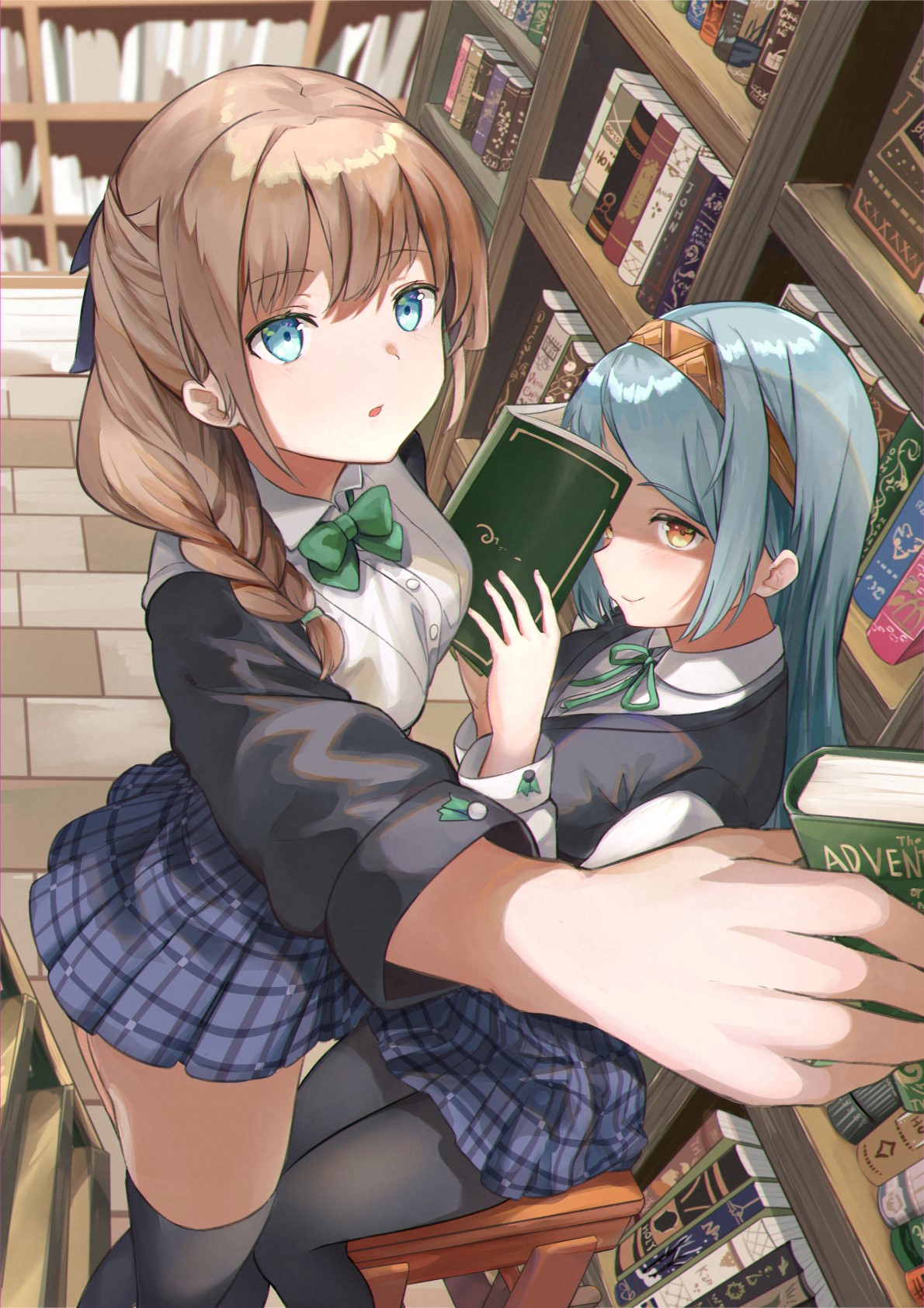 Two anime girls reading in a library HD Phone Wallpaper