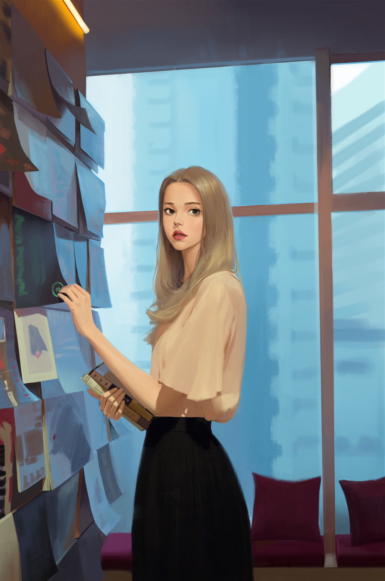 Artwork of a woman with blond hair by a wall of papers HD Phone Wallpaper