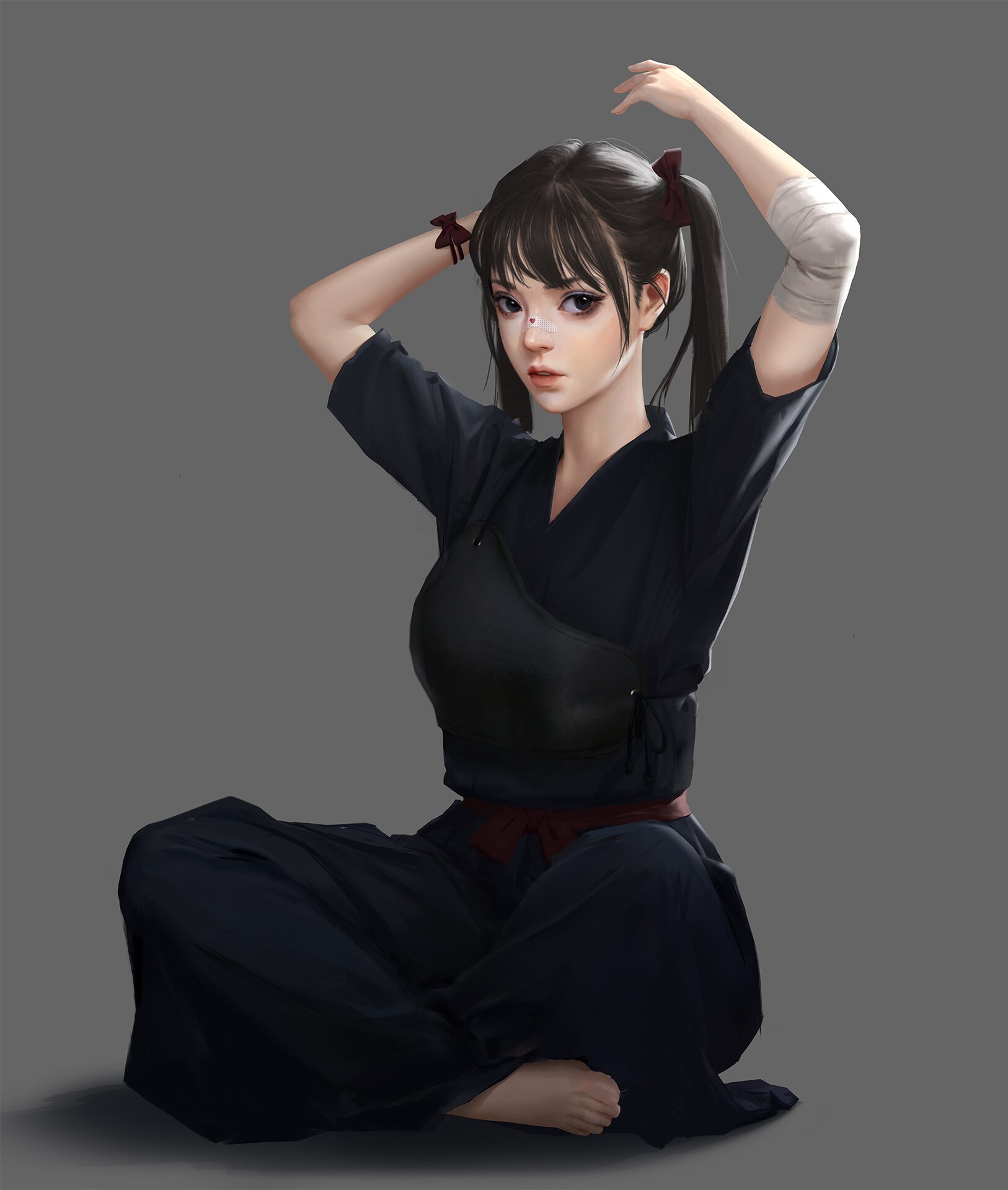 Artwork of a young woman with dark hair in a black uniform HD Phone Wallpaper