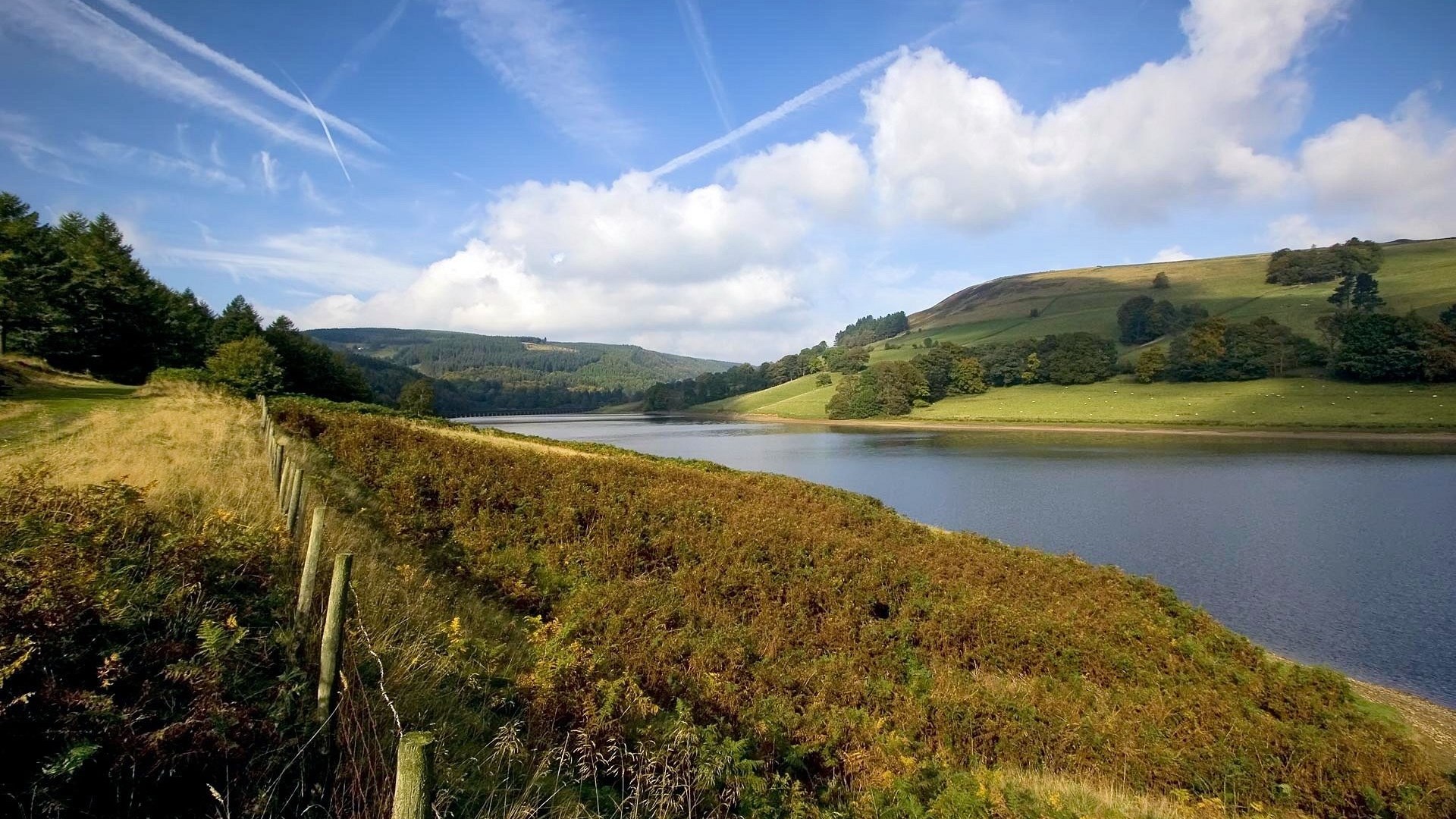 Reservoir with rolling hills and blue sky HD Wallpaper