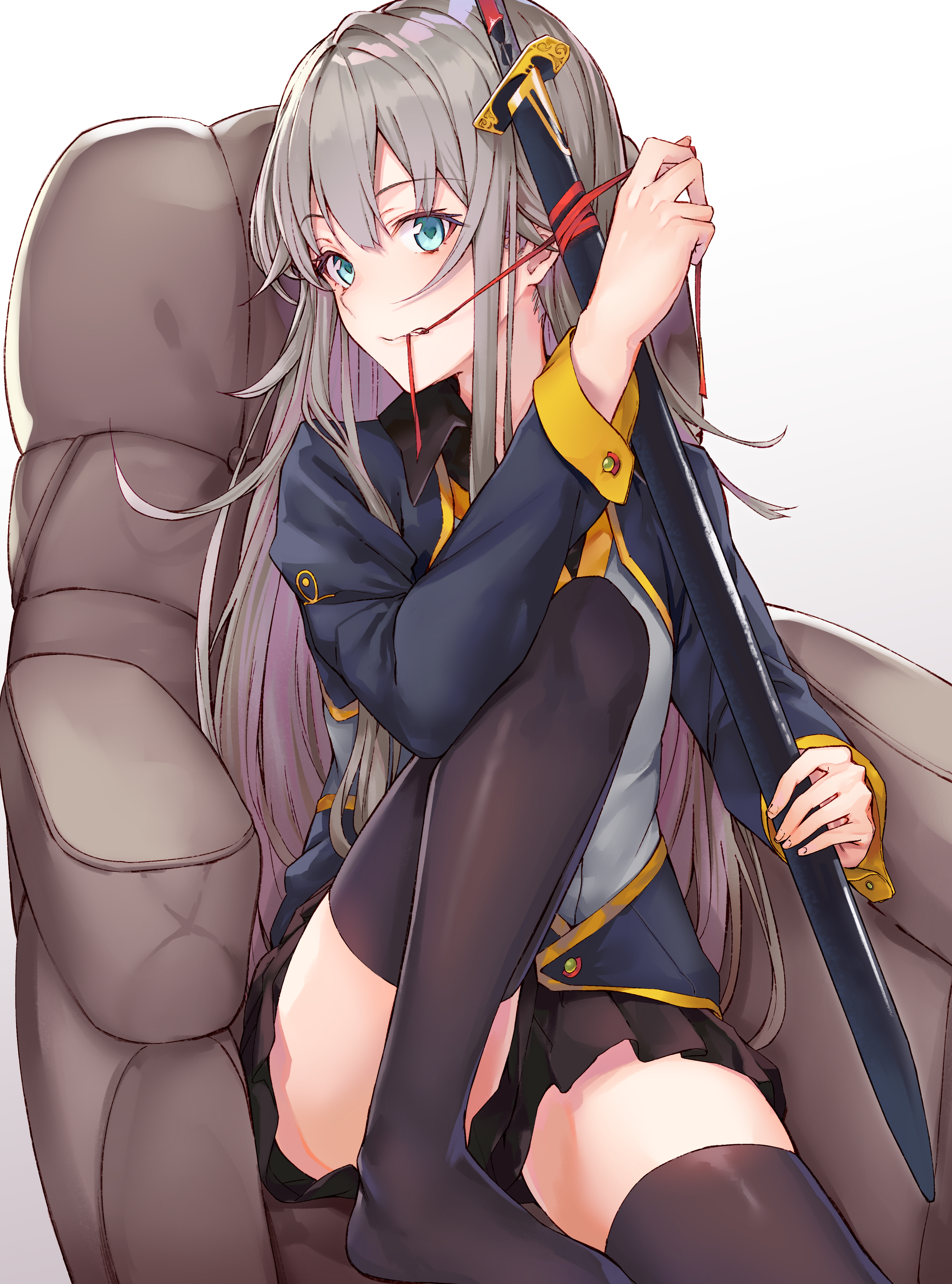 Anime girl with sword sitting in a chair HD Phone Wallpaper