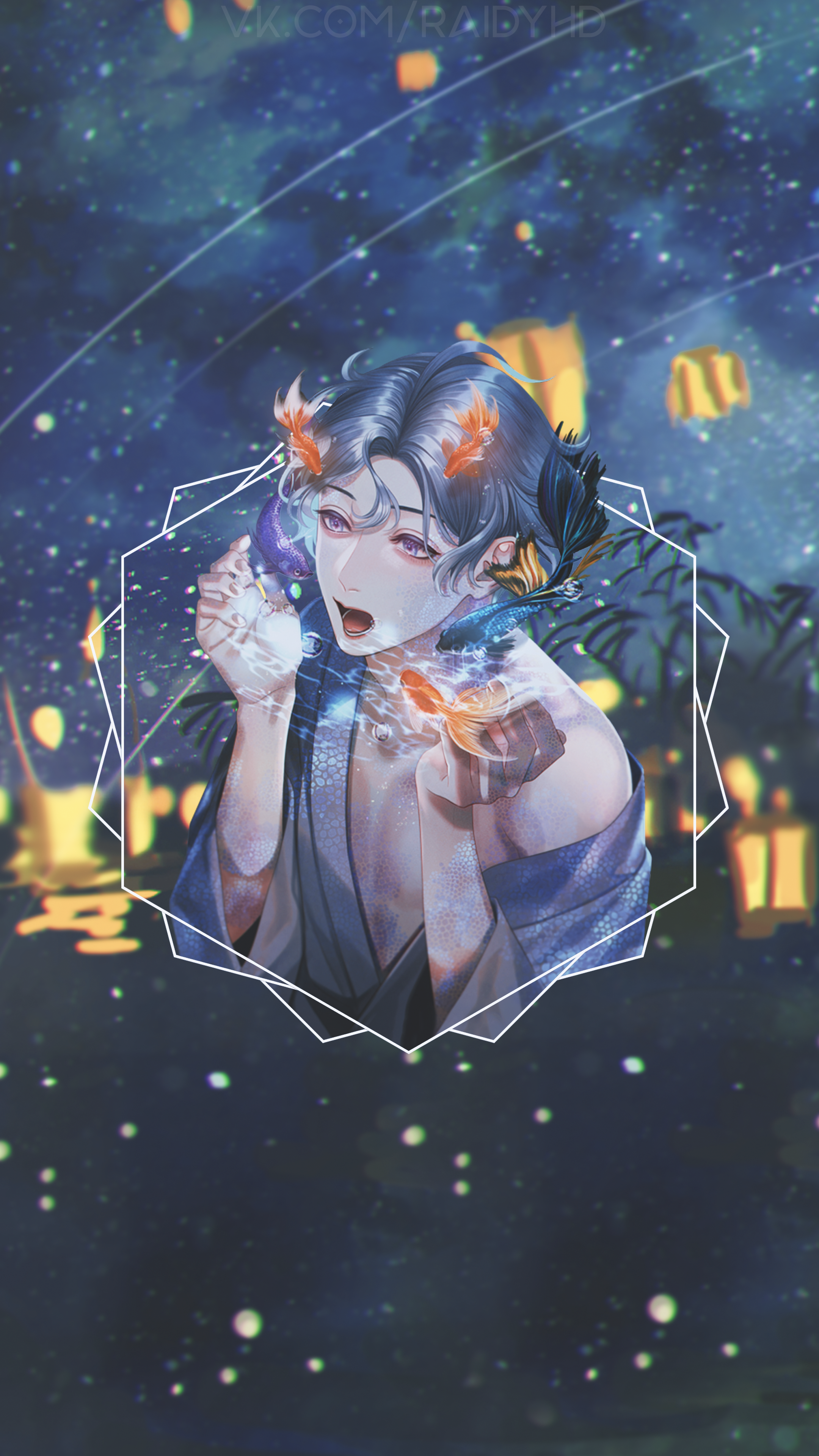 Anime boy with goldfish and lanterns HD Phone Wallpaper