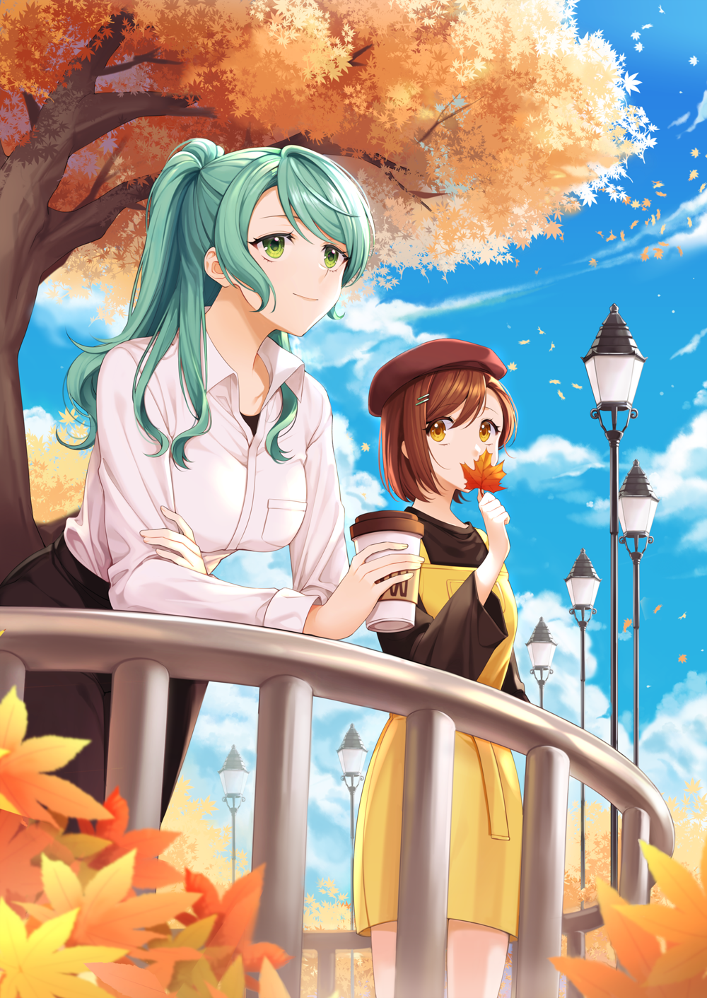 Two anime girls in autumn park with coffee HD Phone Wallpaper