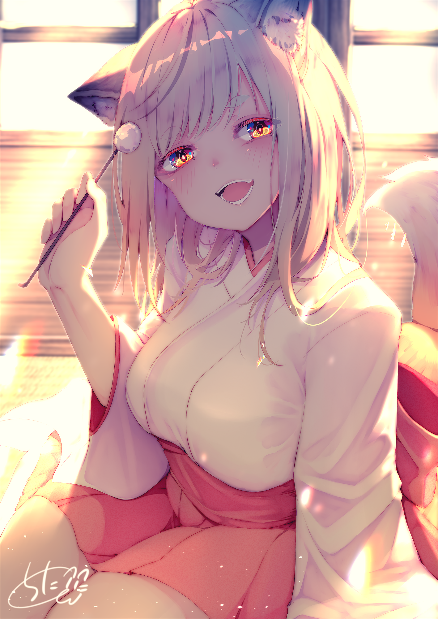 Anime girl with fox ears and tail in kimono HD Phone Wallpaper
