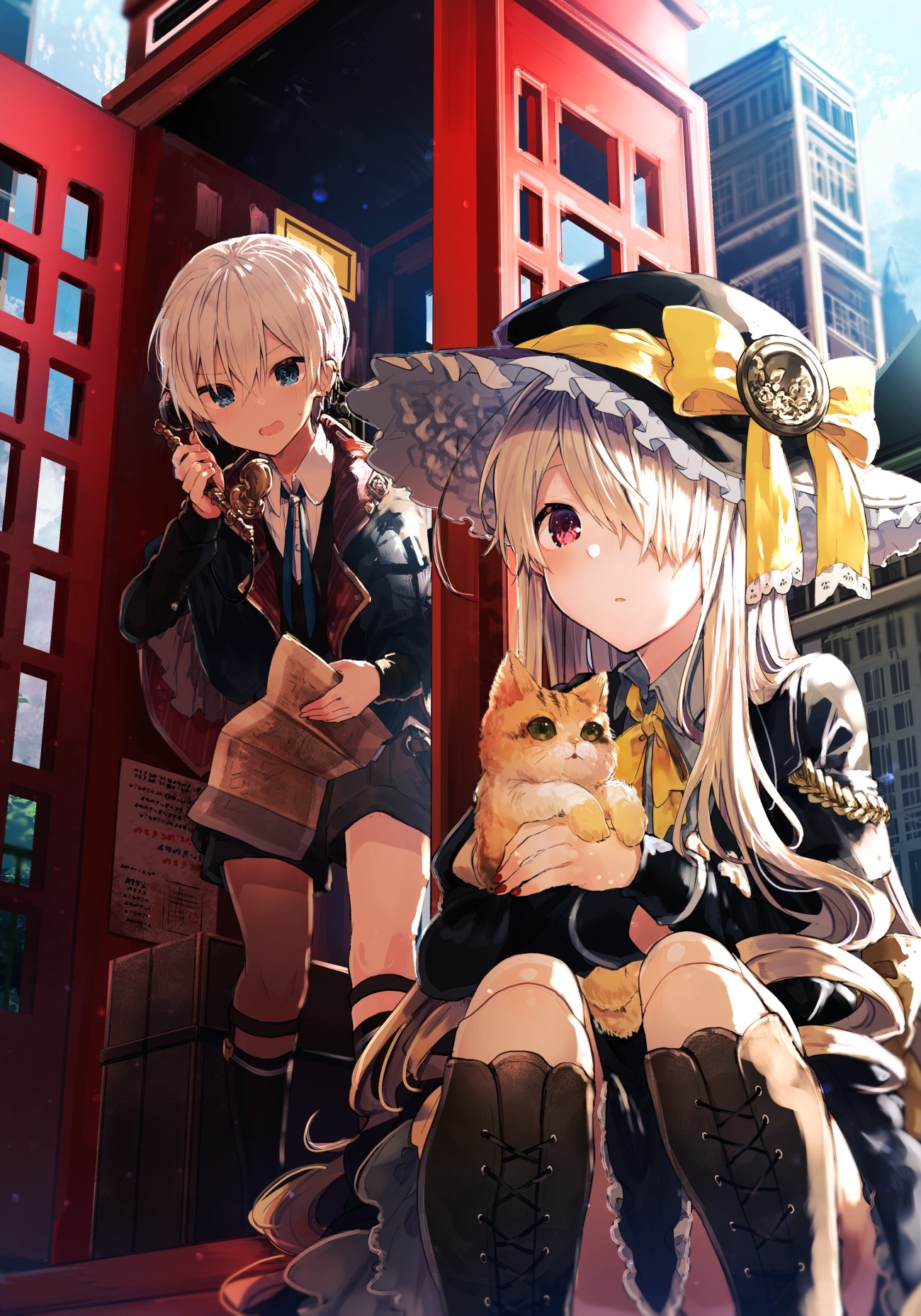 Anime girls and cat in a phone booth HD Phone Wallpaper