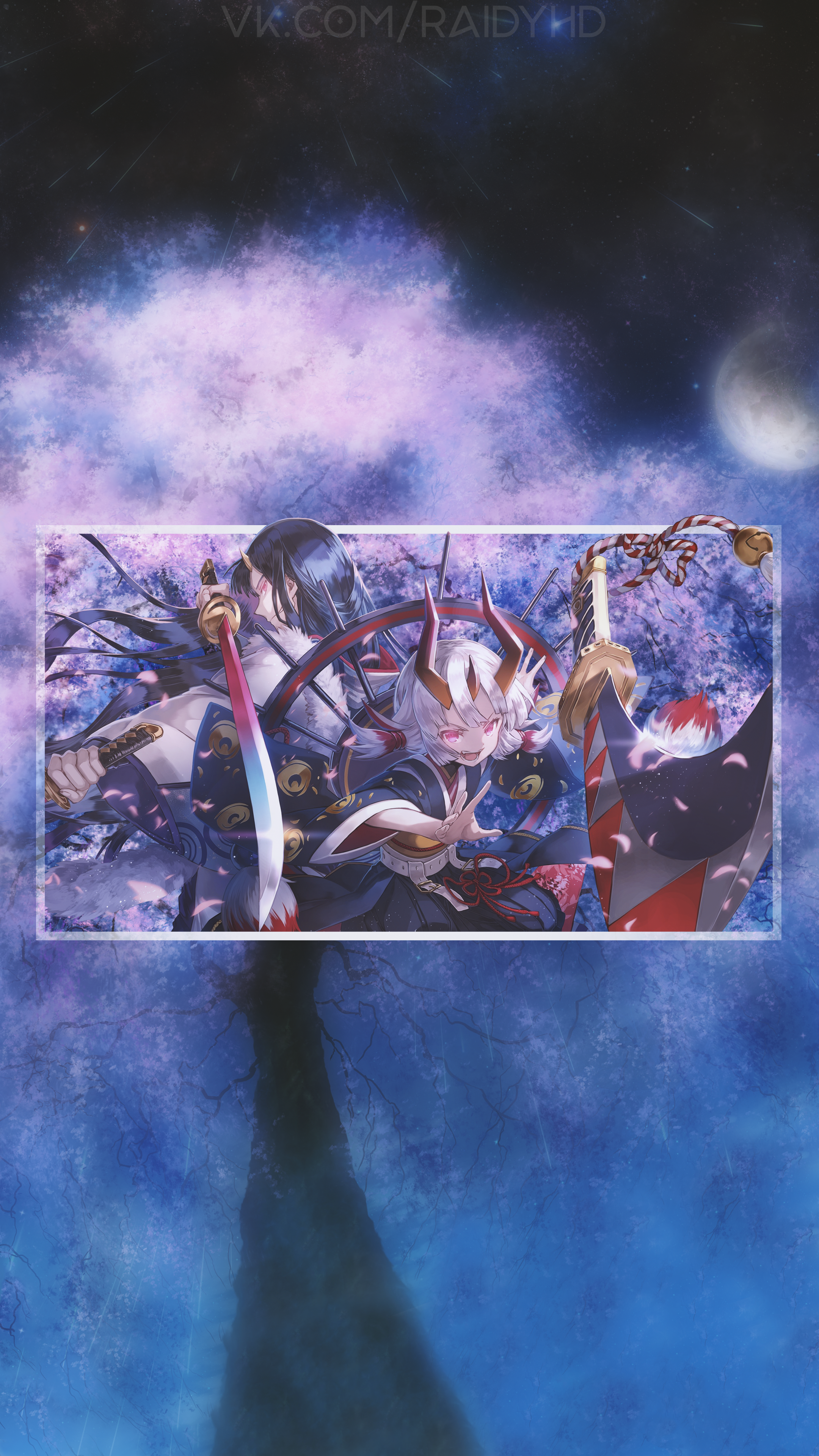 Anime characters with swords and cherry blossoms HD Phone Wallpaper