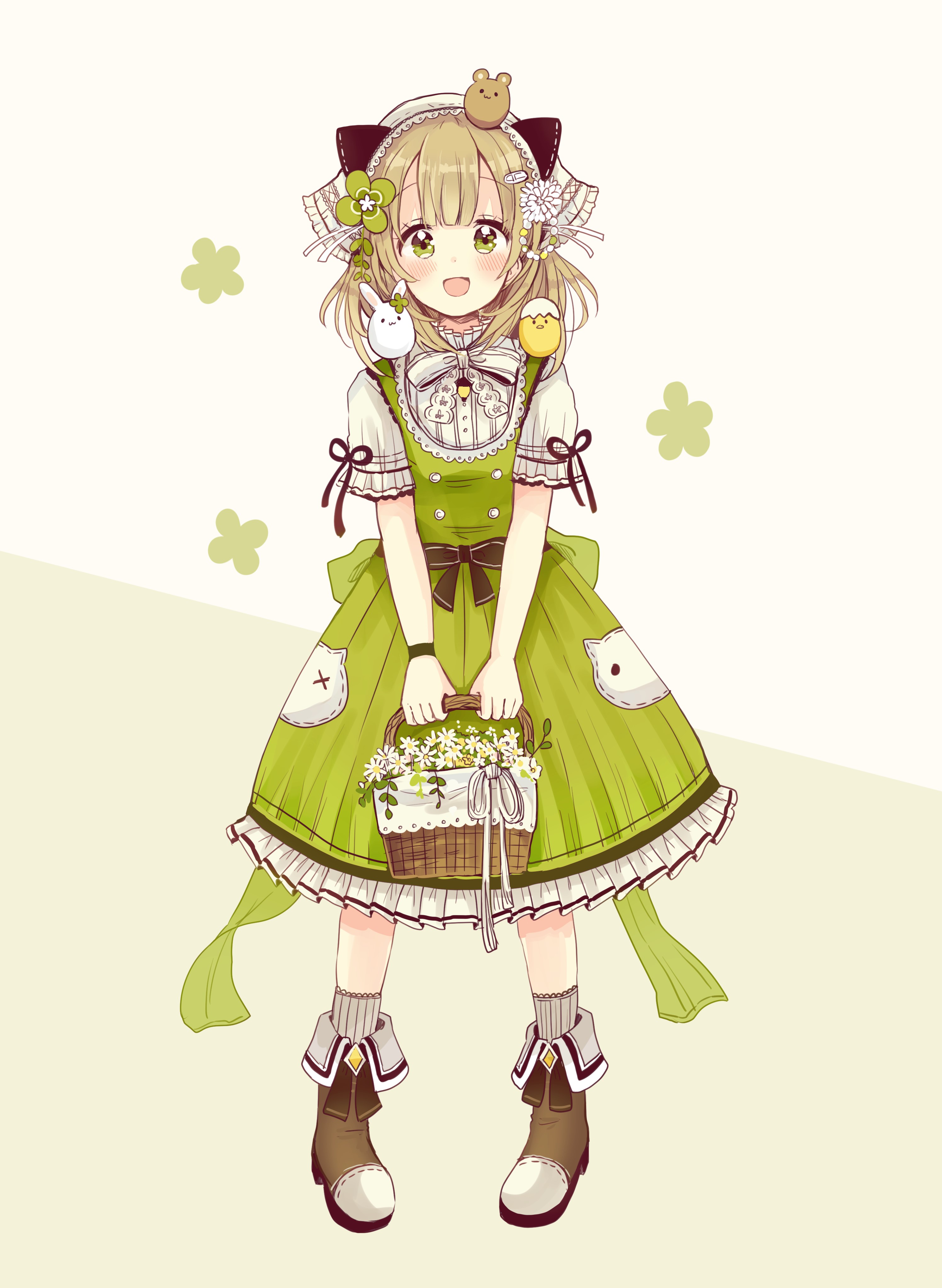 Anime girl in green dress holding a flower basket HD Phone Wallpaper